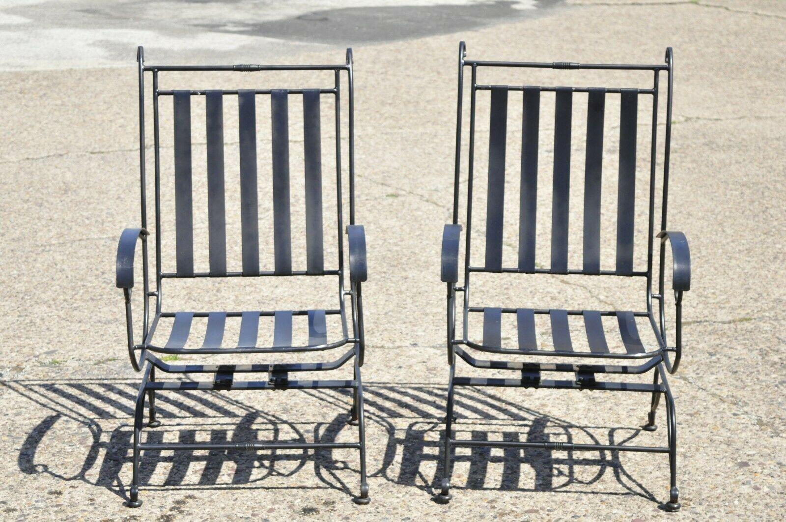 American Hollywood Regency Style Black Wrought Iron Spring Patio Garden Chairs - a Pair