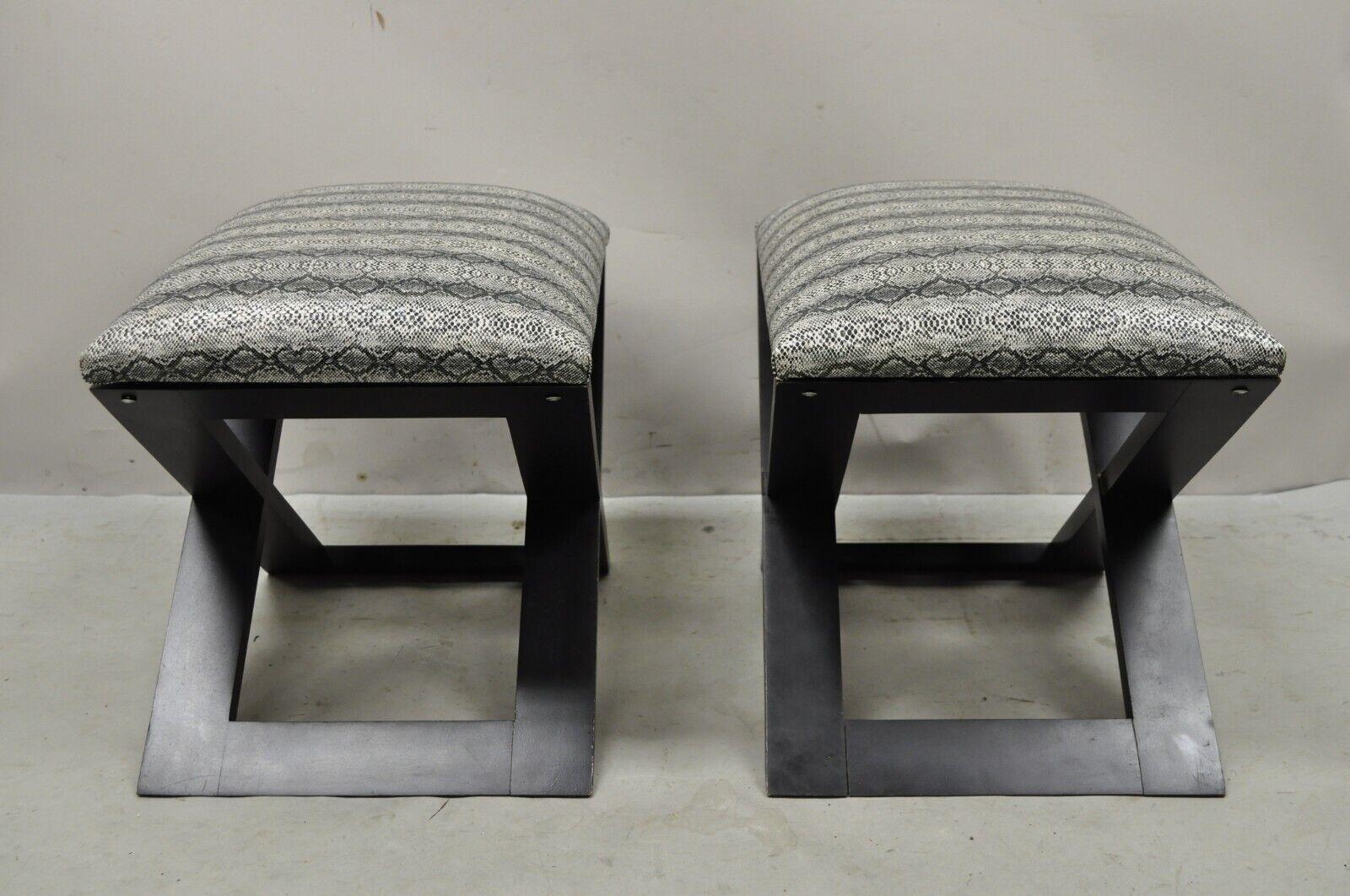 Hollywood Regency Style Black X-Frame Stools Snakeskin Upholstery, a Pair For Sale 5