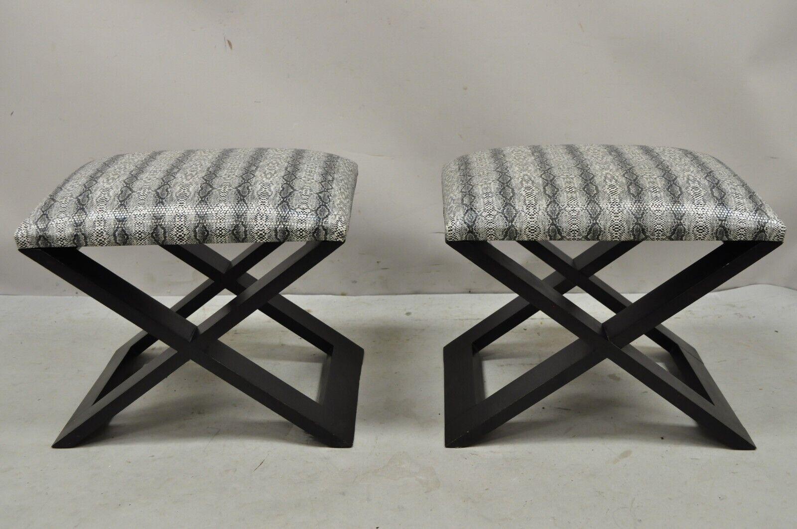 Hollywood Regency Style Black X-Frame Stools Snakeskin Upholstery, a Pair For Sale 6
