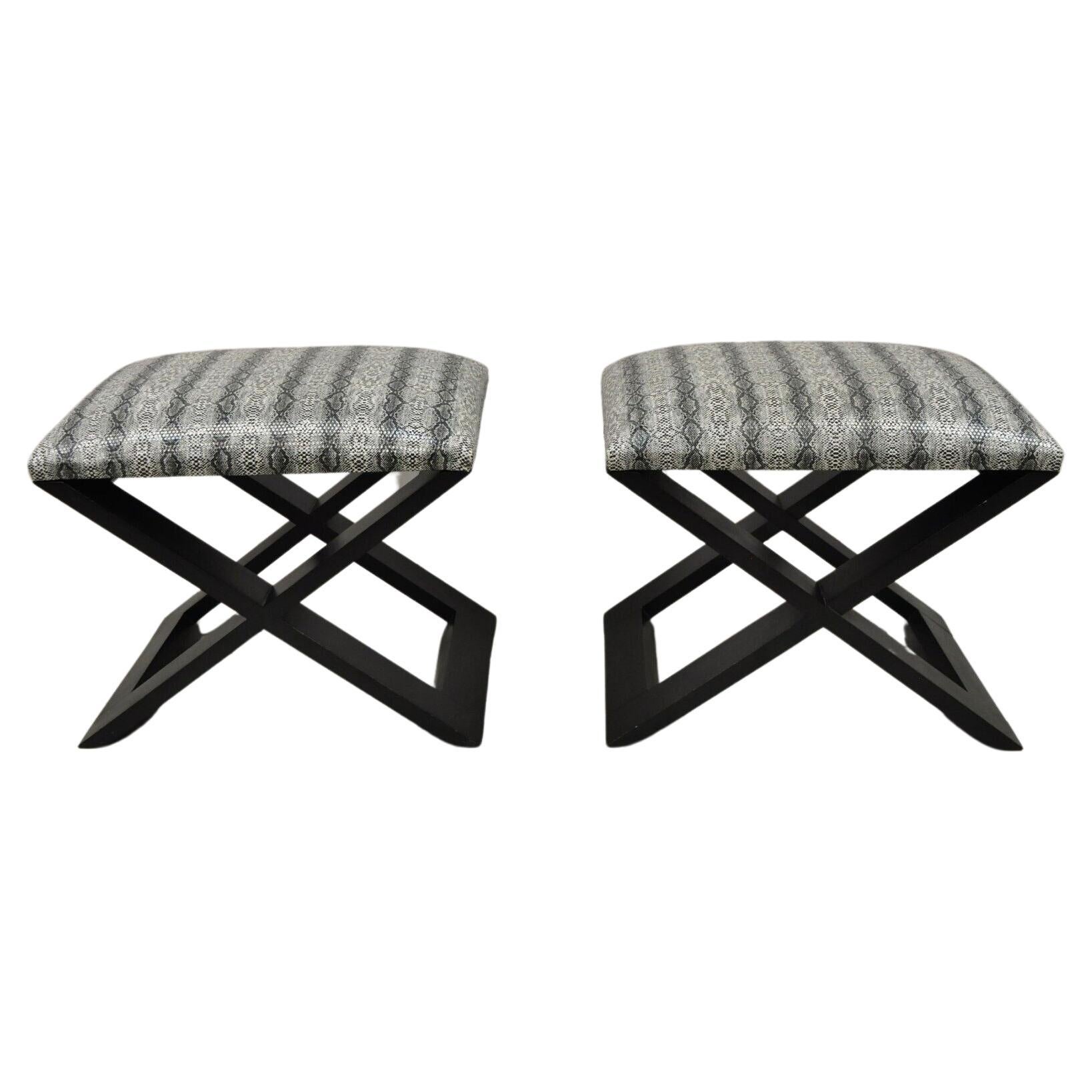 Hollywood Regency Style Black X-Frame Stools Snakeskin Upholstery, a Pair For Sale