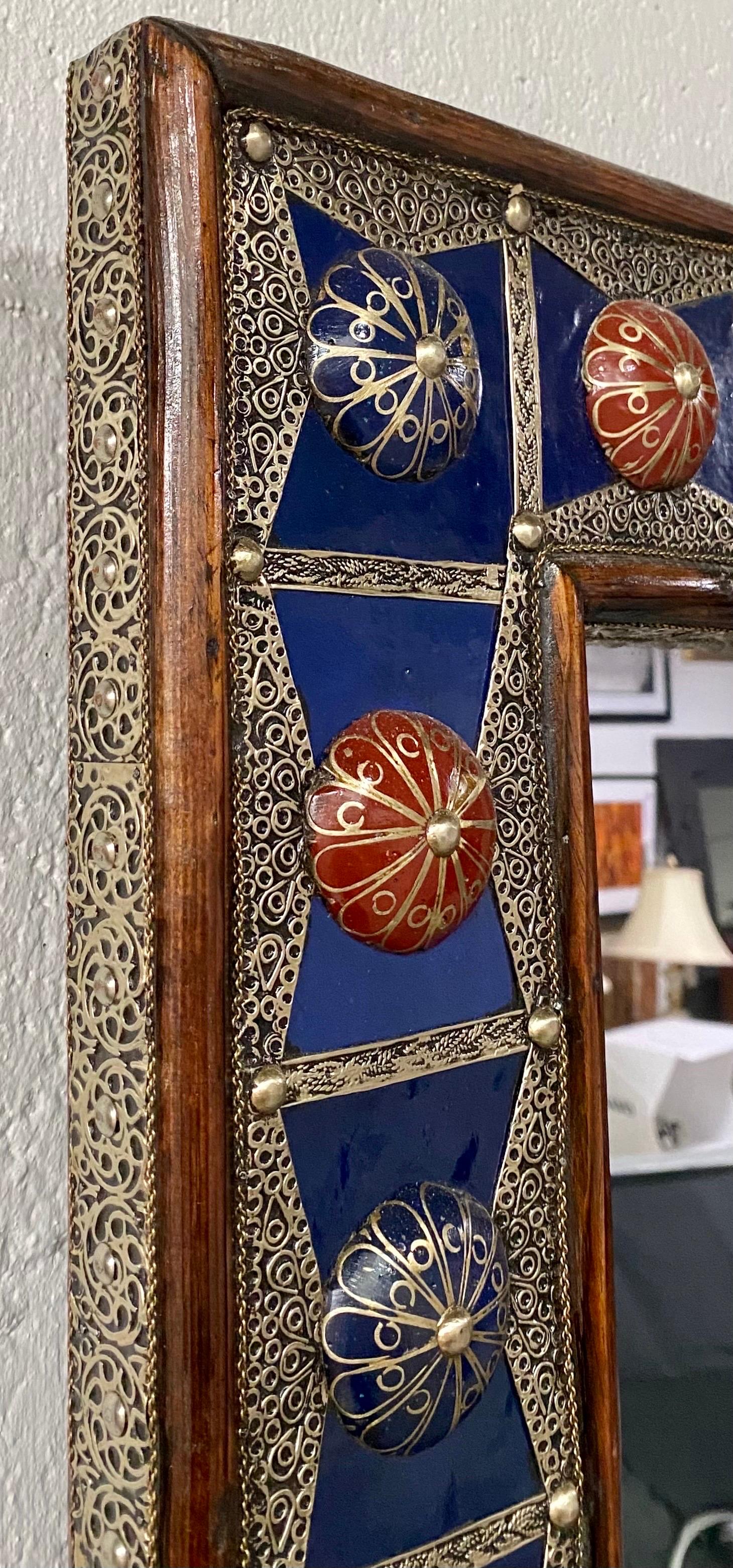 Hollywood Regency Style Blue Mirror, Bronze & Stones inlay in Filligree Design  In Good Condition For Sale In Plainview, NY