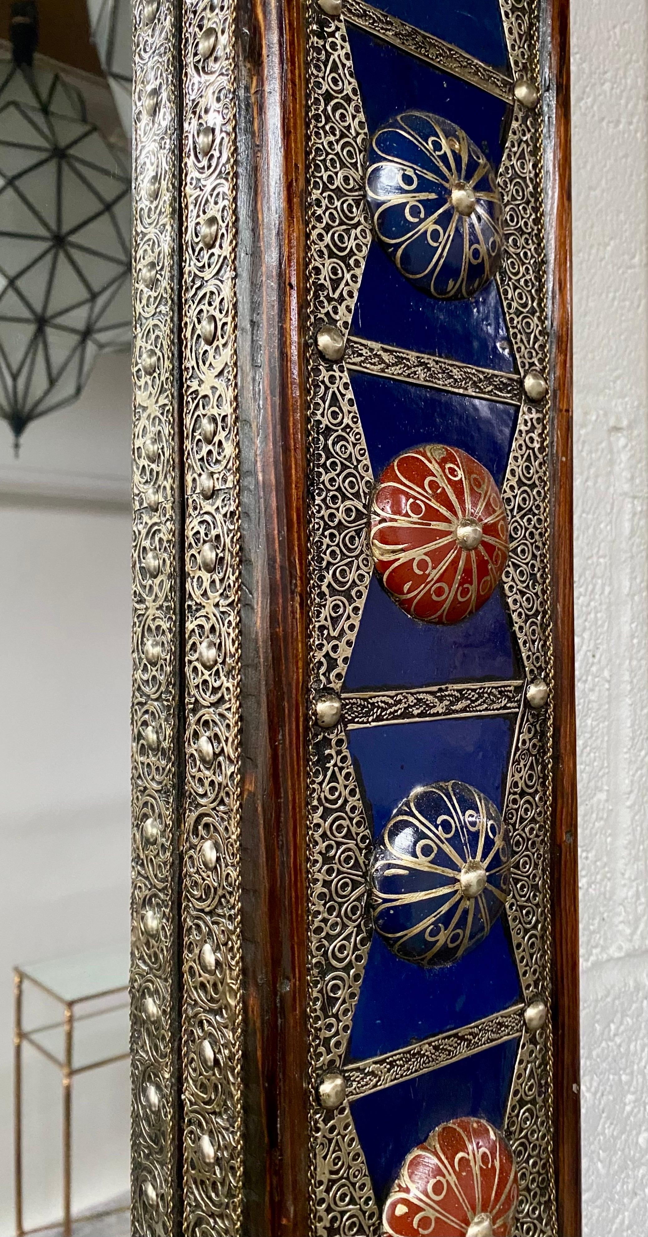 Brass Hollywood Regency Style Blue Mirror, Bronze & Stones inlay in Filligree Design  For Sale