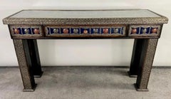 Hollywood Regency Style Blue & Silver Console with Filigree Design & One Drawer