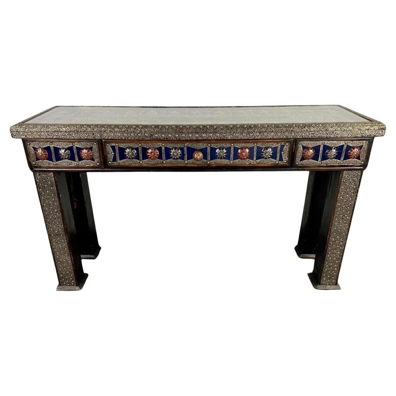 Hollywood Regency Style Blue & Silver Console with Filigree Design & One Drawer For Sale