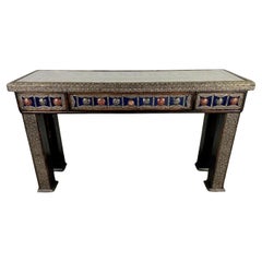 Vintage Hollywood Regency Style Blue & Silver Console with Filigree Design & One Drawer