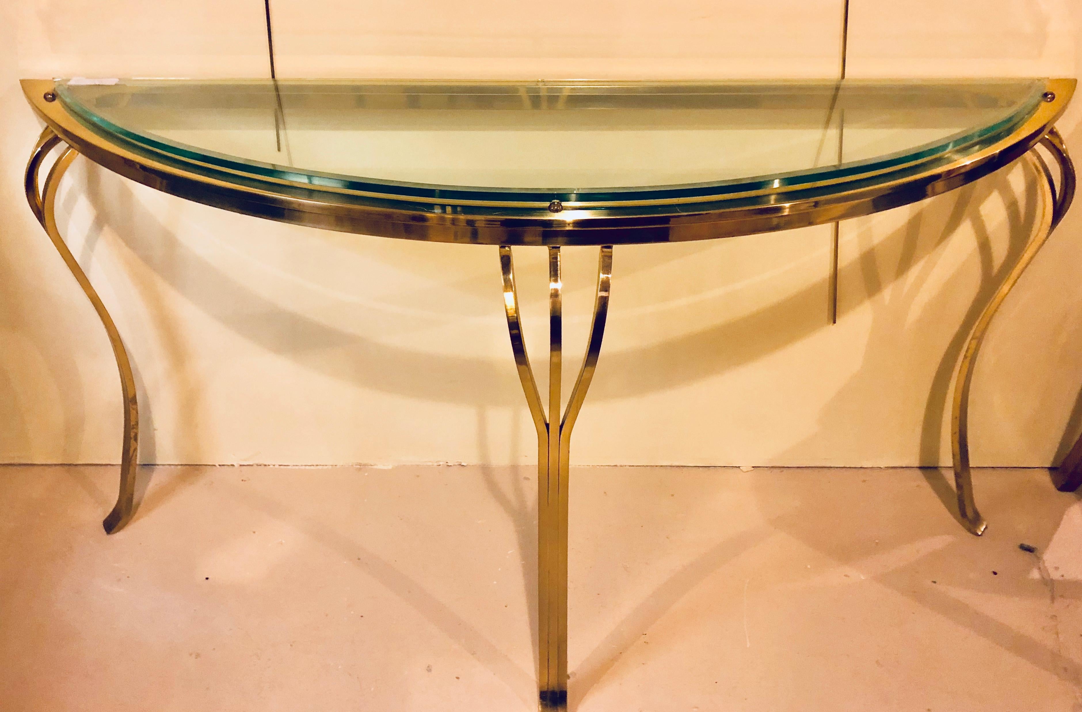 Hollywood Regency Style Brass and Glass Top Demilune Console Table Beveled Glass In Good Condition In Stamford, CT