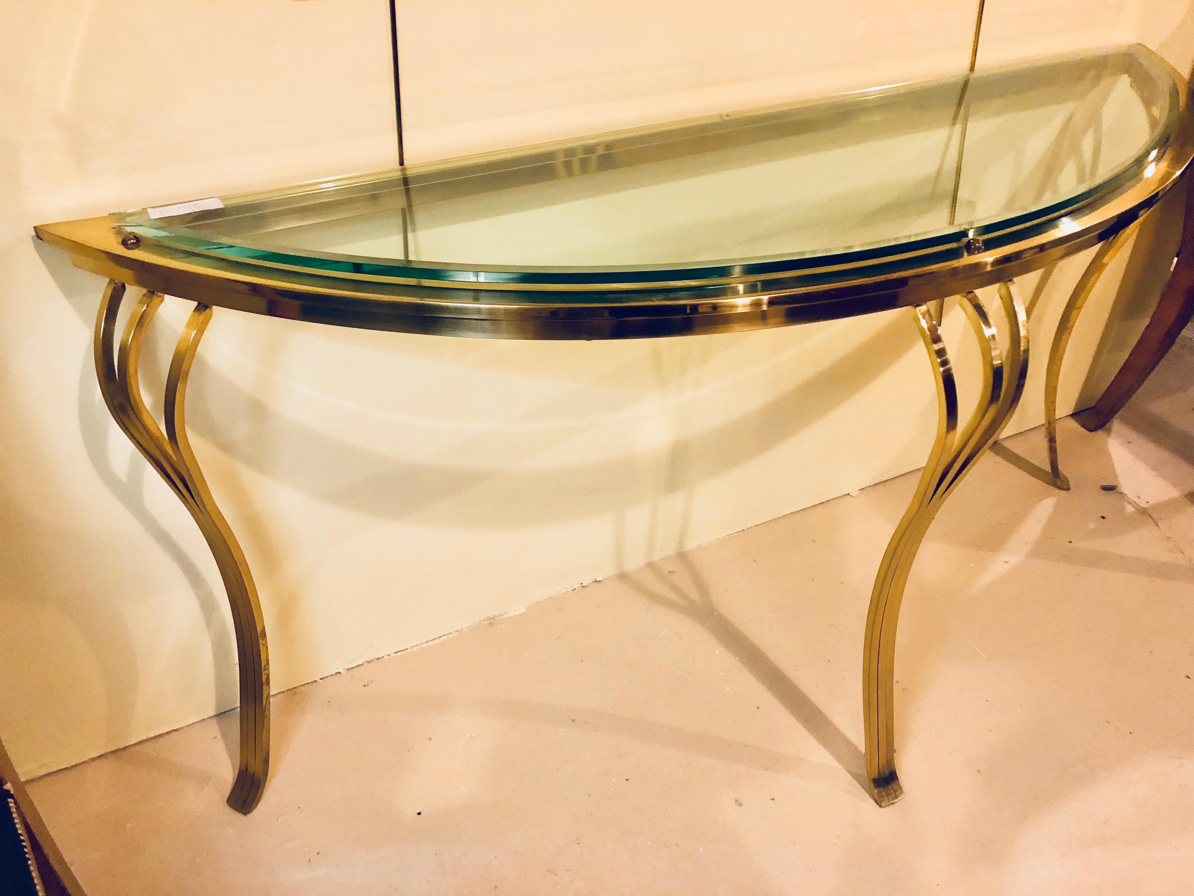 Hollywood Regency Style Brass and Glass Top Demilune Console Table Beveled Glass 4