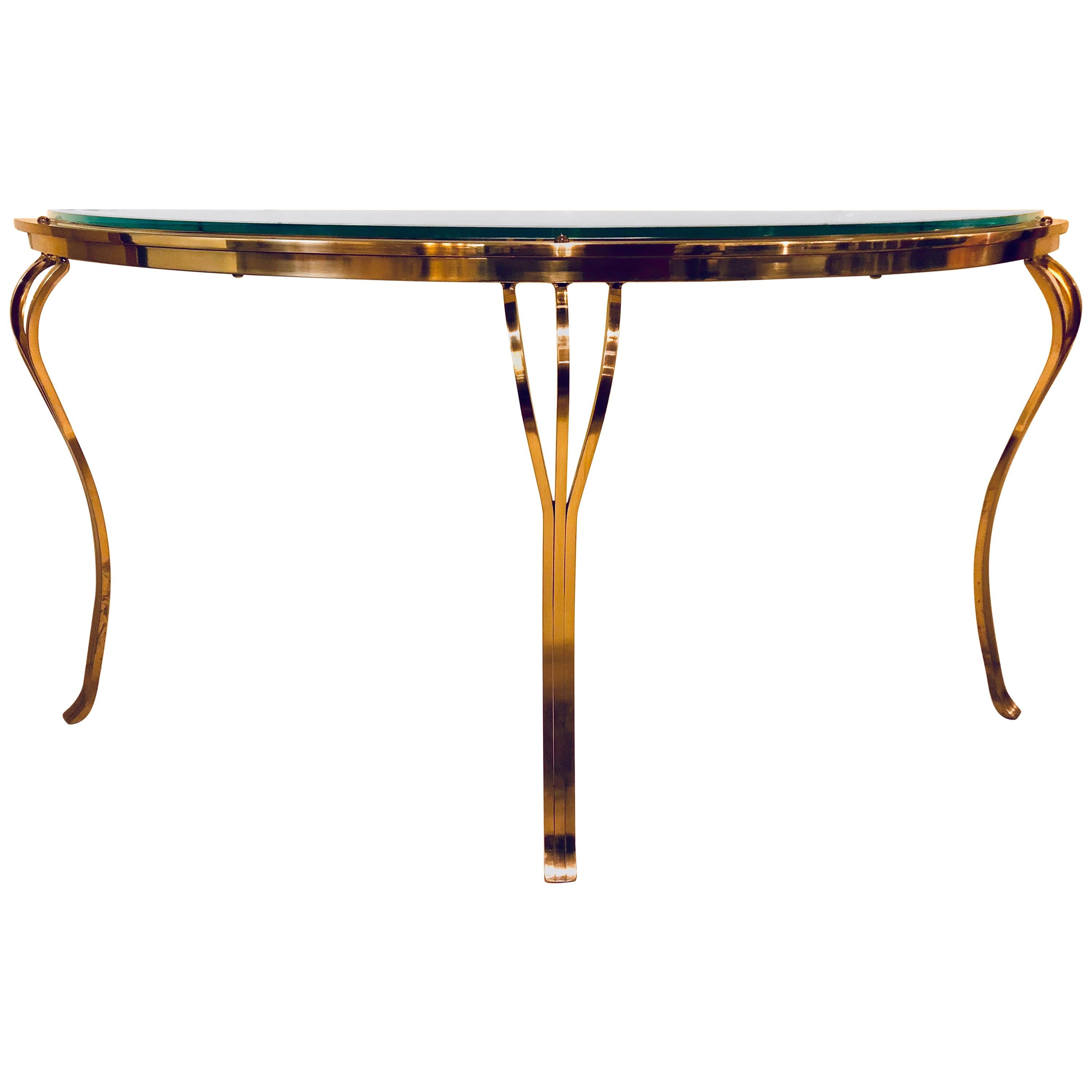 Hollywood Regency Style Brass and Glass Top Demilune Console Table Beveled Glass