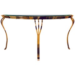 Hollywood Regency Style Brass and Glass Top Demilune Console Table Beveled Glass