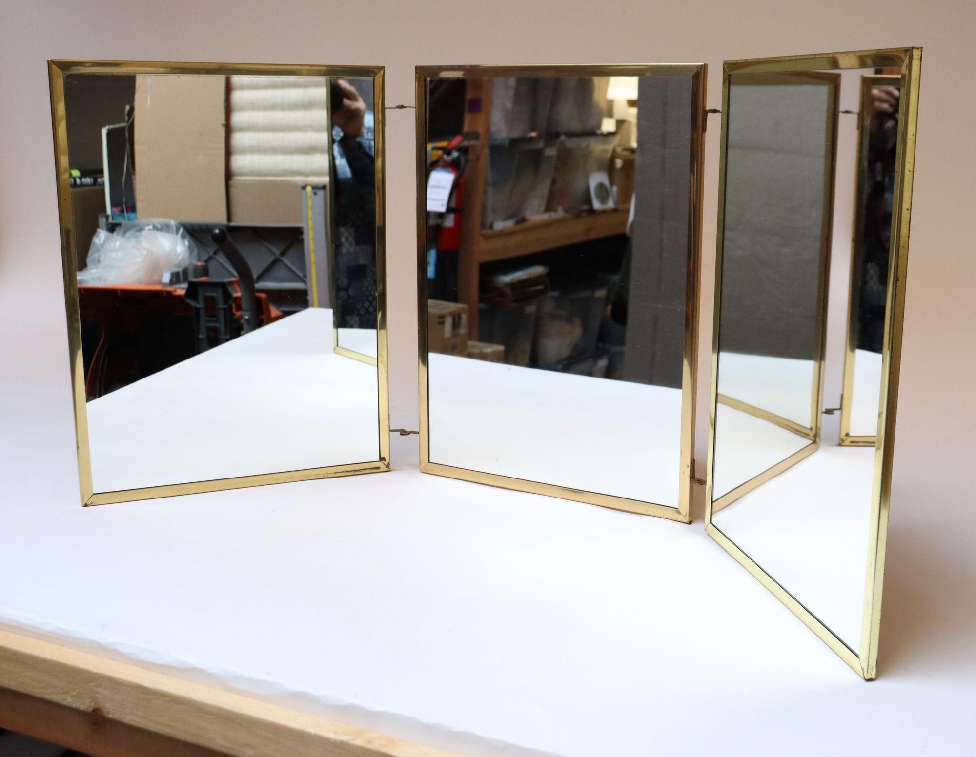 Mid-Century Modern Hollywood Regency- Style Brass and Silver Brocade Trifold Table / Vanity Mirror