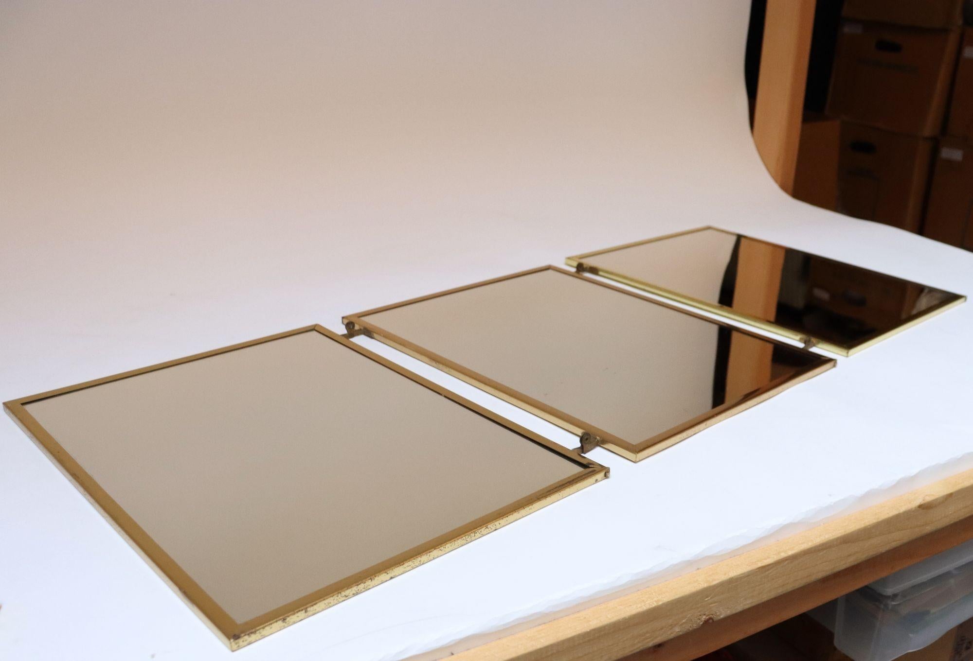 American Hollywood Regency- Style Brass and Silver Brocade Trifold Table / Vanity Mirror