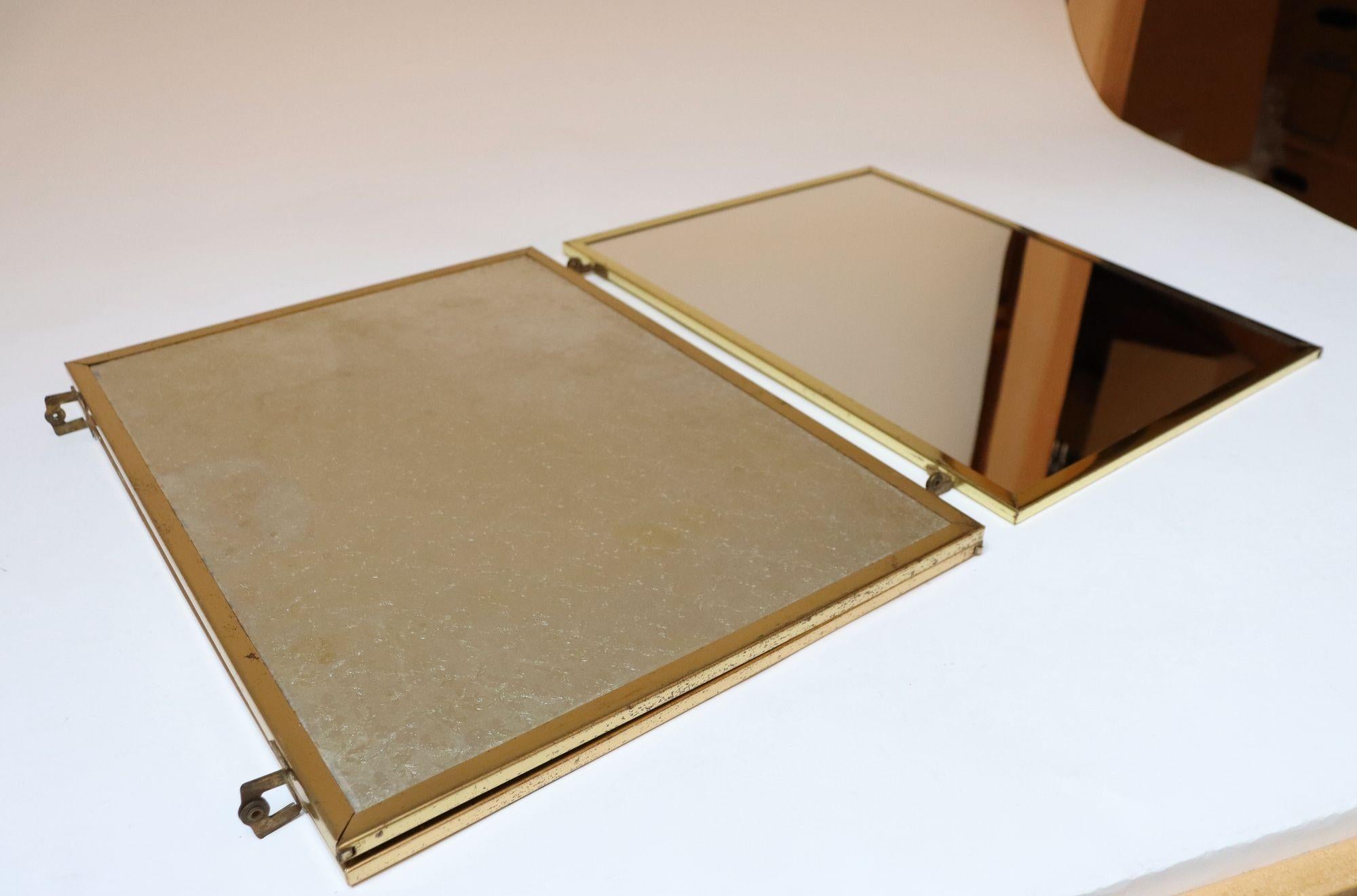 Hollywood Regency- Style Brass and Silver Brocade Trifold Table / Vanity Mirror In Good Condition In Brooklyn, NY