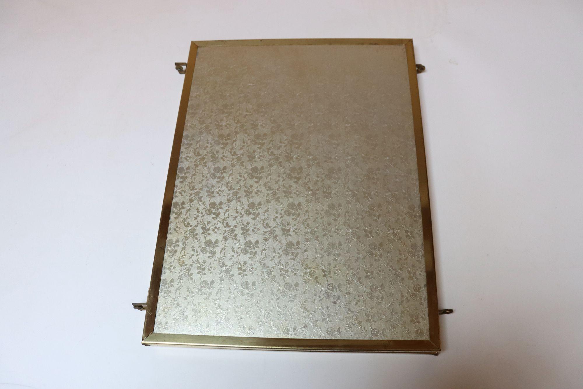 Mid-20th Century Hollywood Regency- Style Brass and Silver Brocade Trifold Table / Vanity Mirror