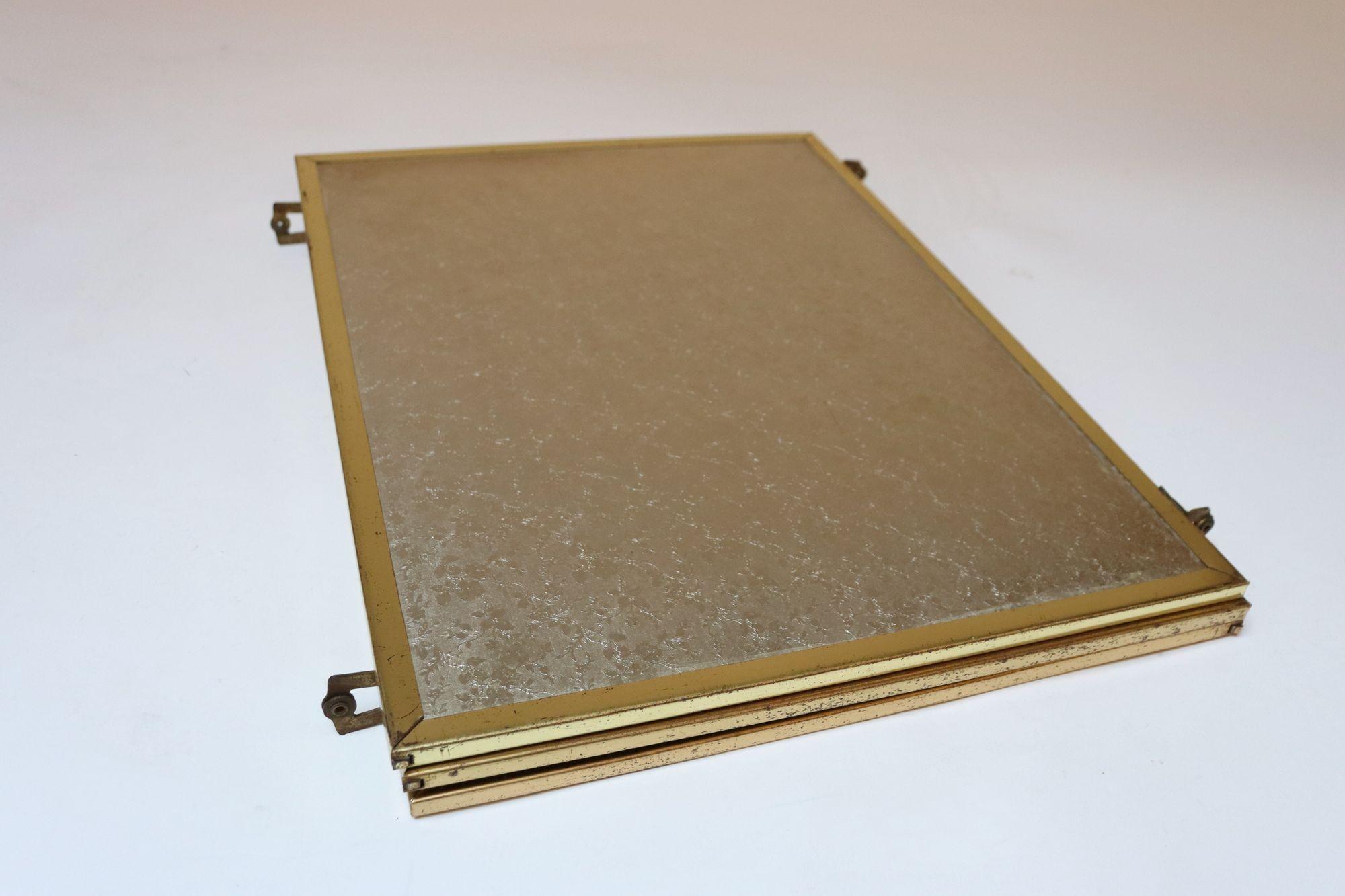Hollywood Regency- Style Brass and Silver Brocade Trifold Table / Vanity Mirror 1