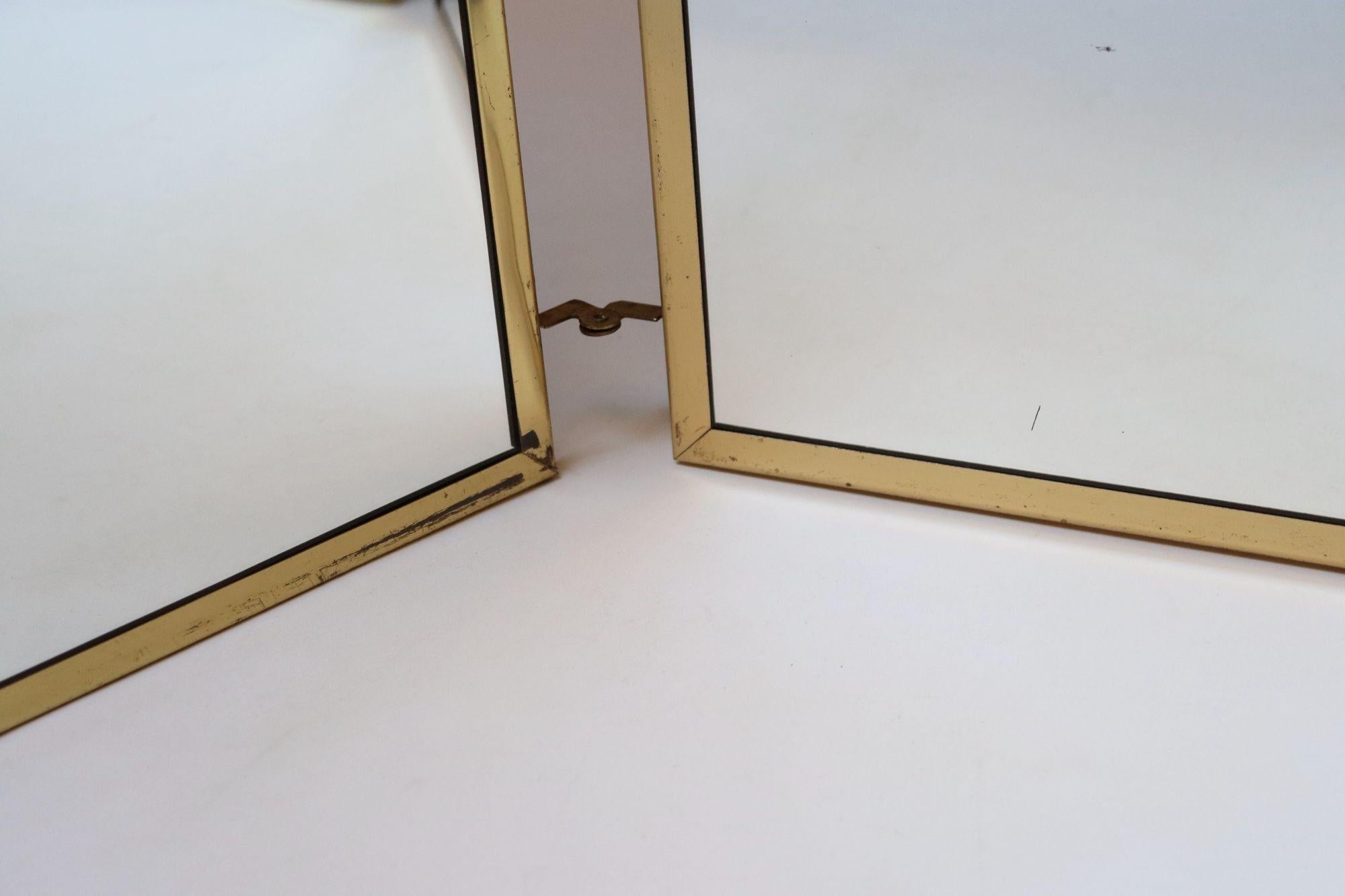 Hollywood Regency- Style Brass and Silver Brocade Trifold Table / Vanity Mirror 3