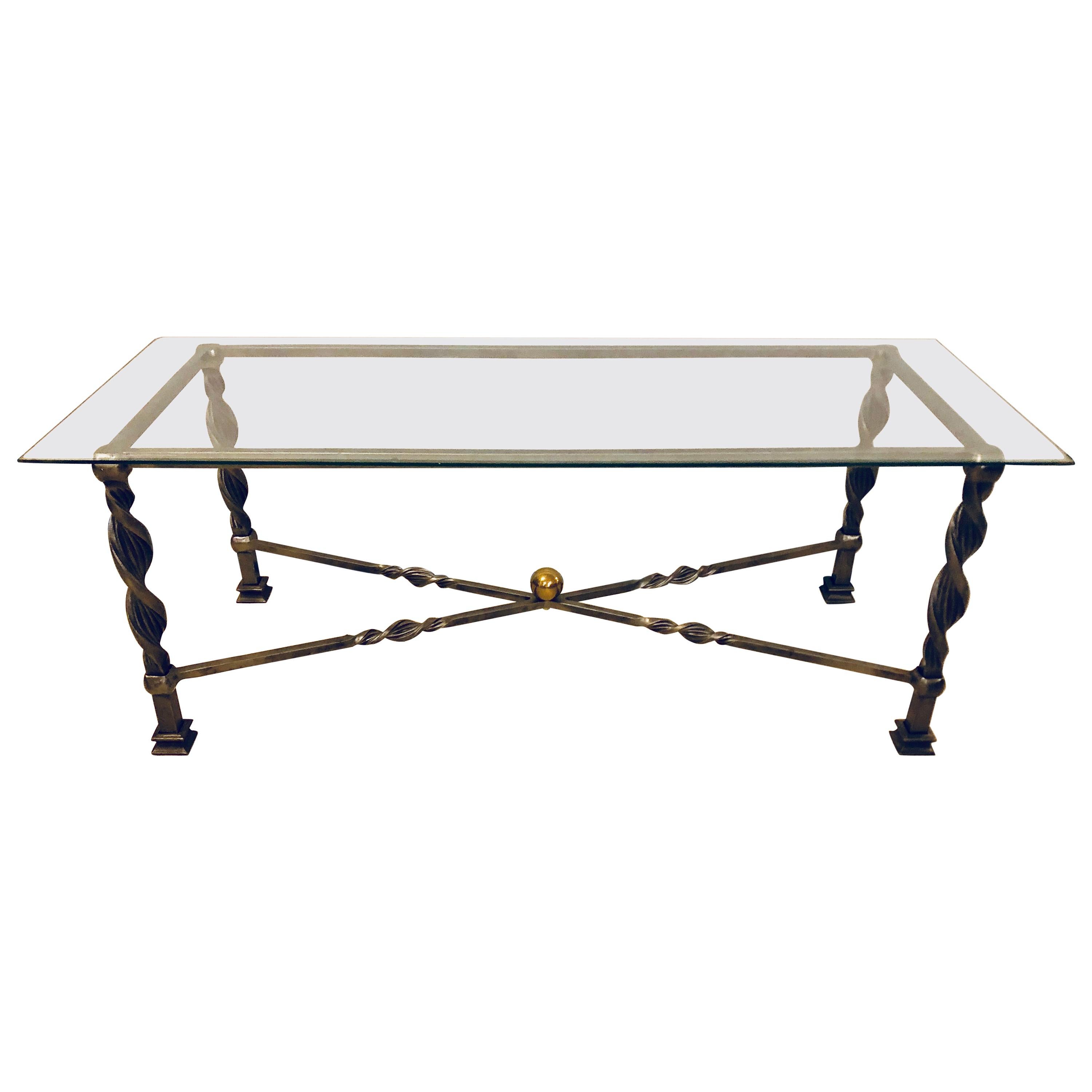 Hollywood Regency Style Brass and Steel Glass Top Coffee Table Manner Jansen