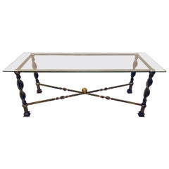 Hollywood Regency Style Brass and Steel Glass Top Coffee Table Manner Jansen