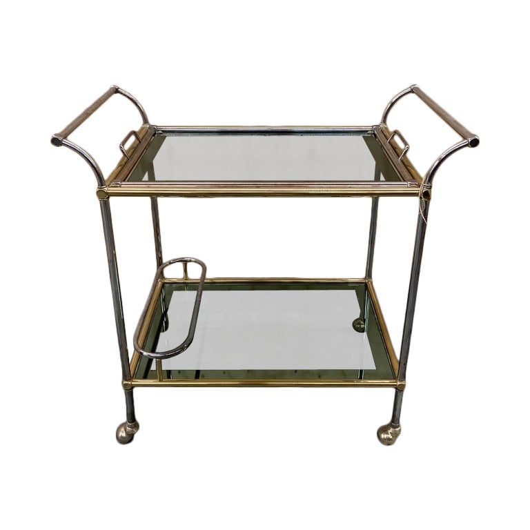 Chariot de bar en laiton chromé de style Hollywood Regency en vente