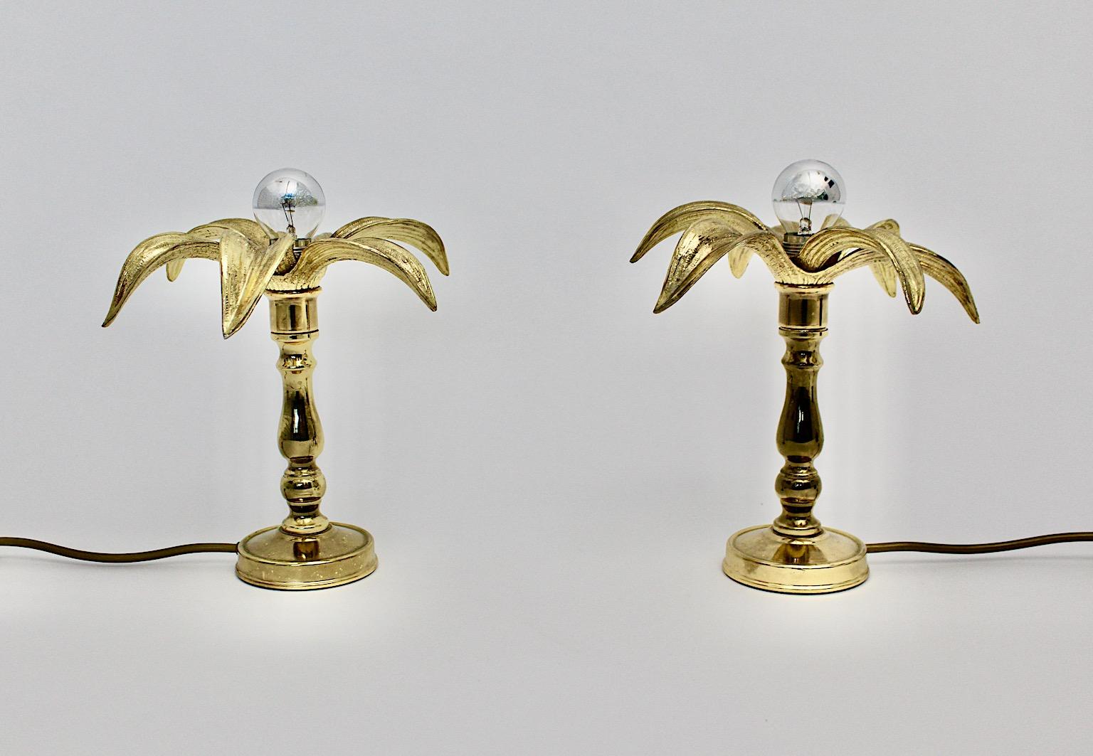 Belgian Hollywood Regency Style Brass Duo Table Lamps Flower Lillies Willy Daro, 1970s For Sale