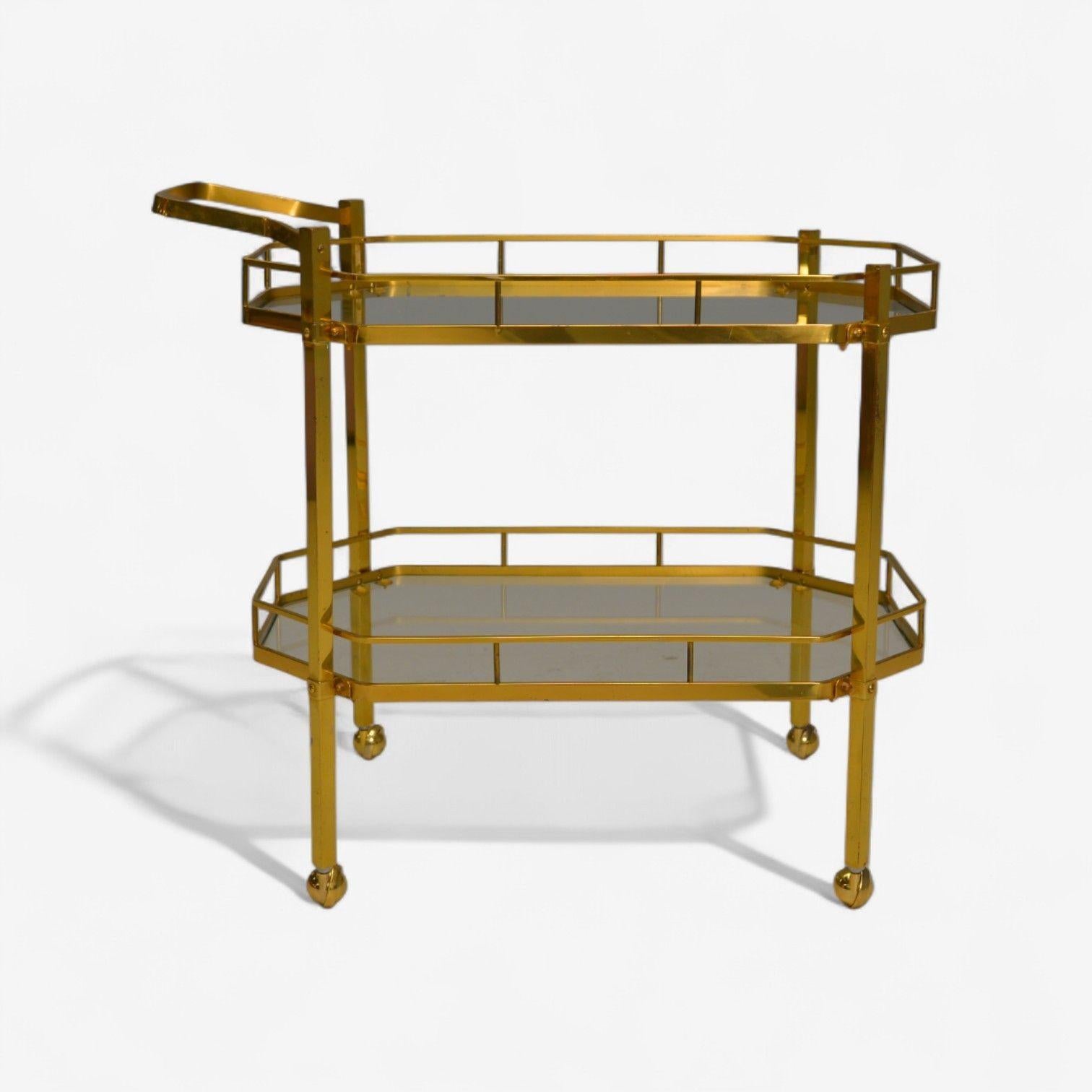 Hollywood Regency Style, Brass, Glass, Bar Cart, France, 1970s (Französisch) im Angebot