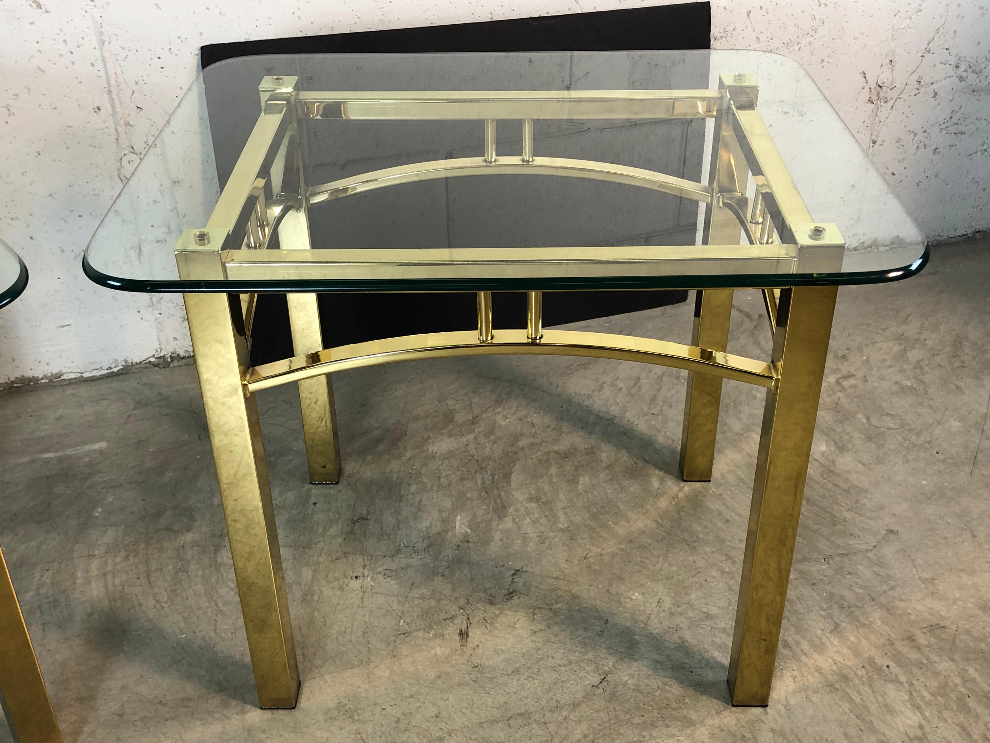 American Hollywood Regency Style Brass and Glass Side Tables, Pair For Sale