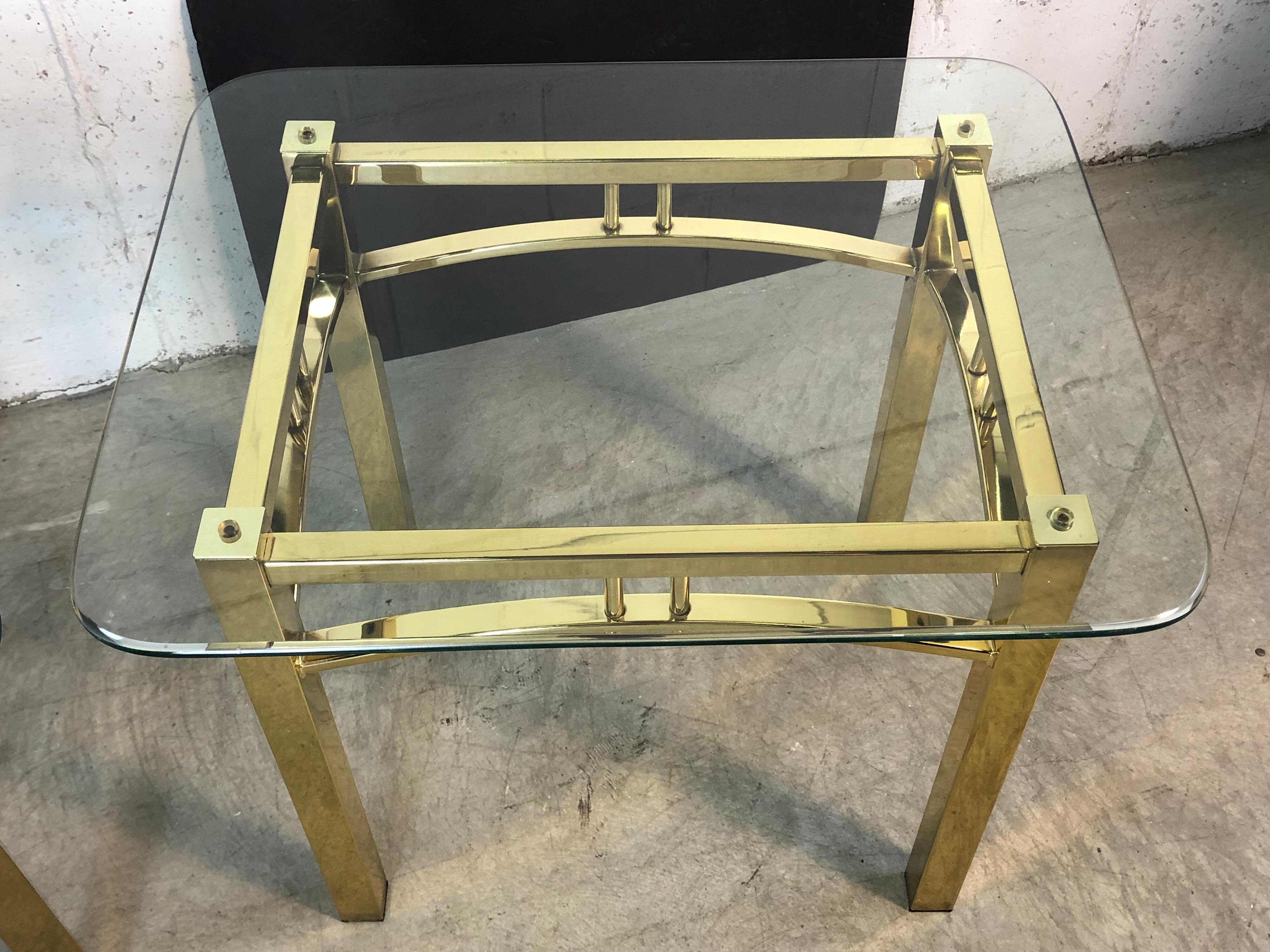 Hollywood Regency Style Brass and Glass Side Tables, Pair In Good Condition For Sale In Amherst, NH