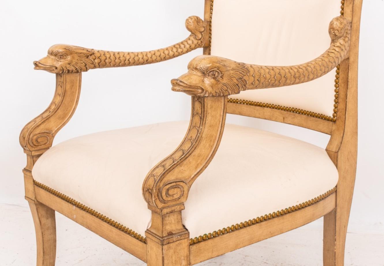 Fabric Hollywood Regency Style Carved Dolphin Armchair