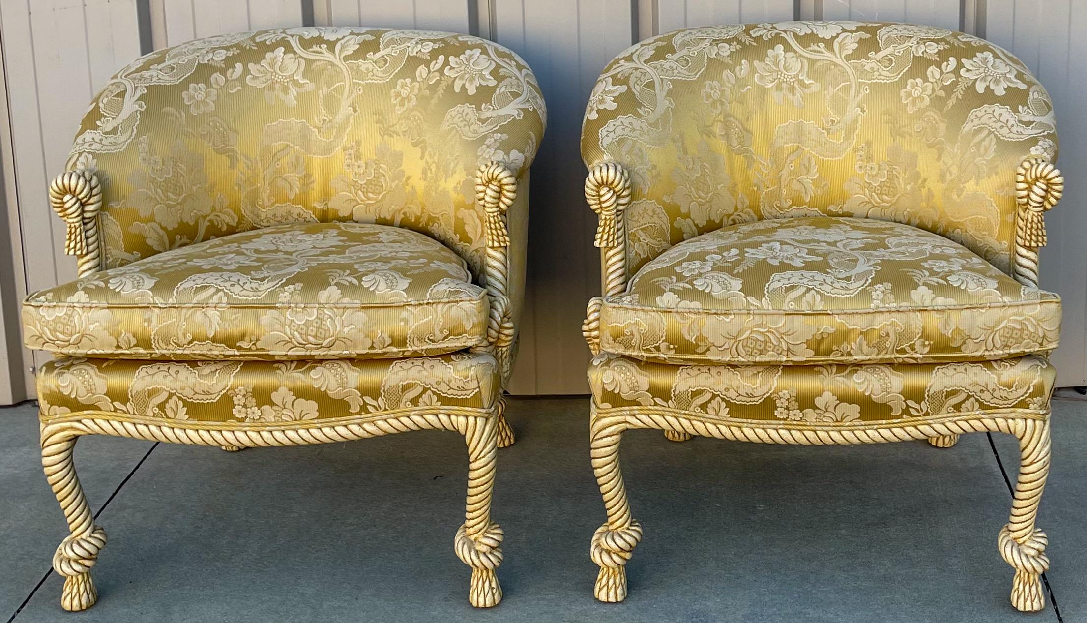 Upholstery Hollywood Regency Style Carved Rope and Tassel with Knot Club Chairs, Pair