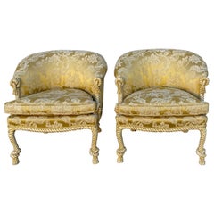 Hollywood Regency Style Carved Rope and Tassel with Knot Club Chairs, Pair