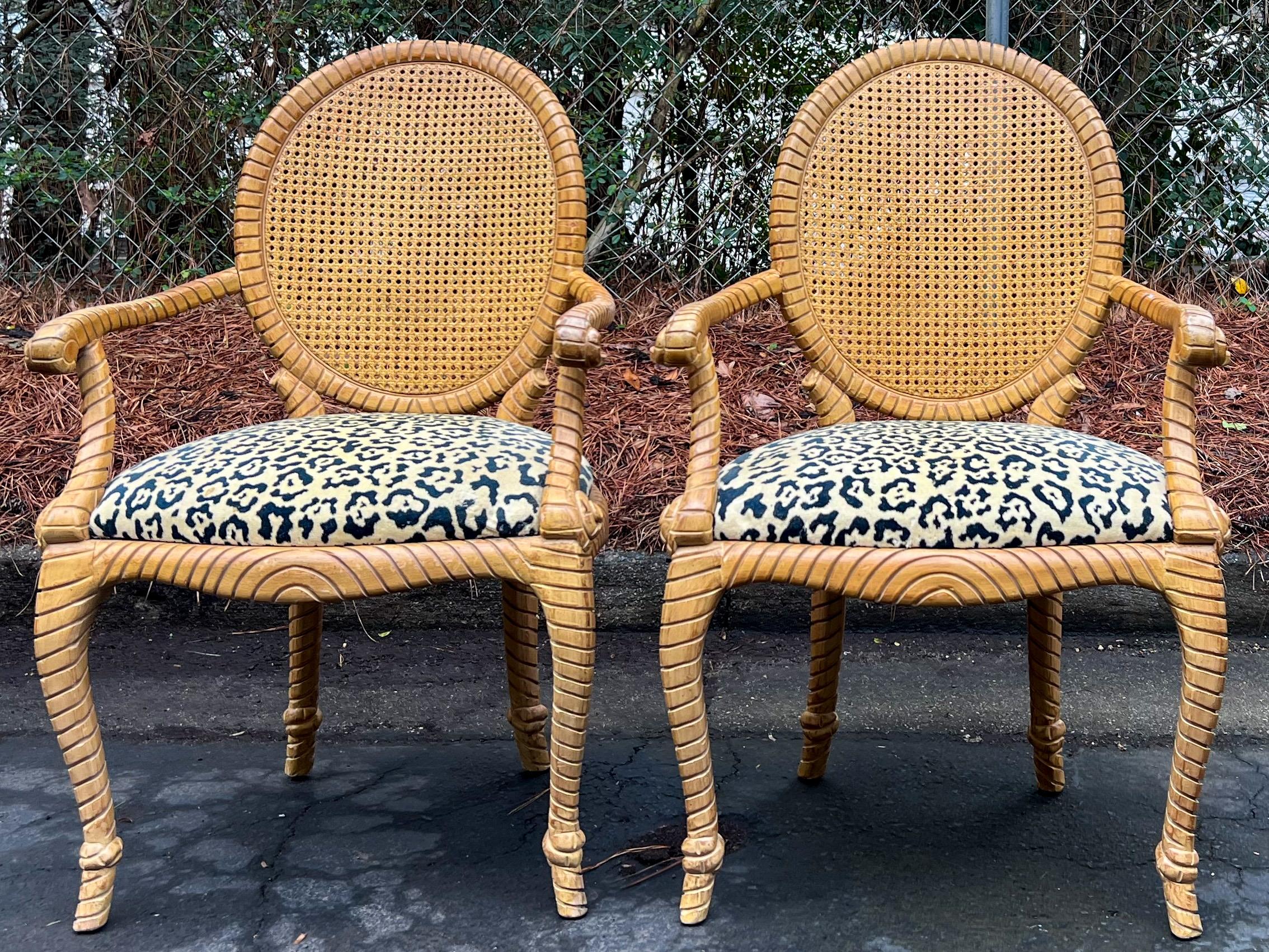 This is a pair of Hollywood Regency style carved tassel /knot bergere chairs. The chairs are upholstered in a vintage leopard velvet. The arm height is 26.5”. The frames are pine and somewhat cerused.

My shipping is for the Continental US only.