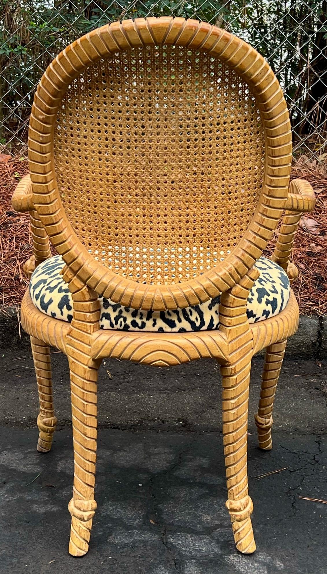 Italian Hollywood Regency Style Carved Tassel / Knot Bergere Chairs in Leopard, Pair