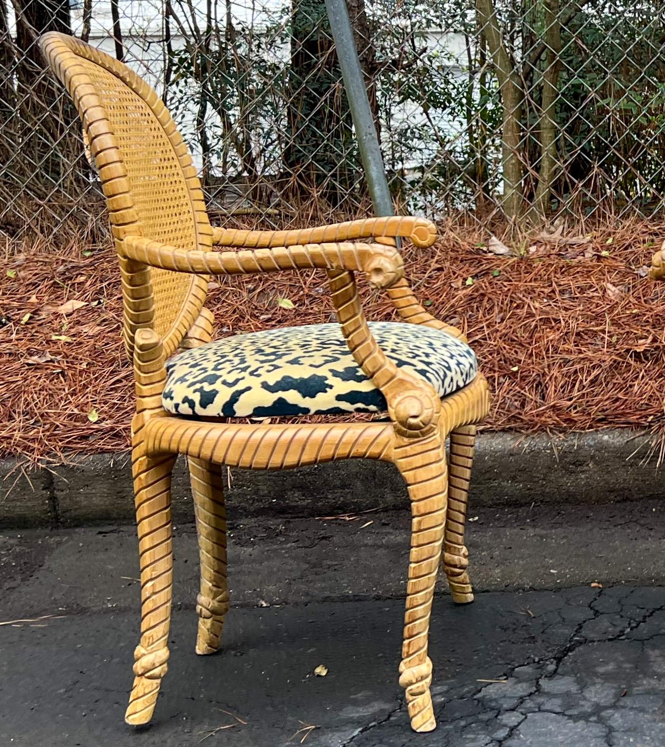 Hollywood Regency Style Carved Tassel / Knot Bergere Chairs in Leopard, Pair In Good Condition In Kennesaw, GA