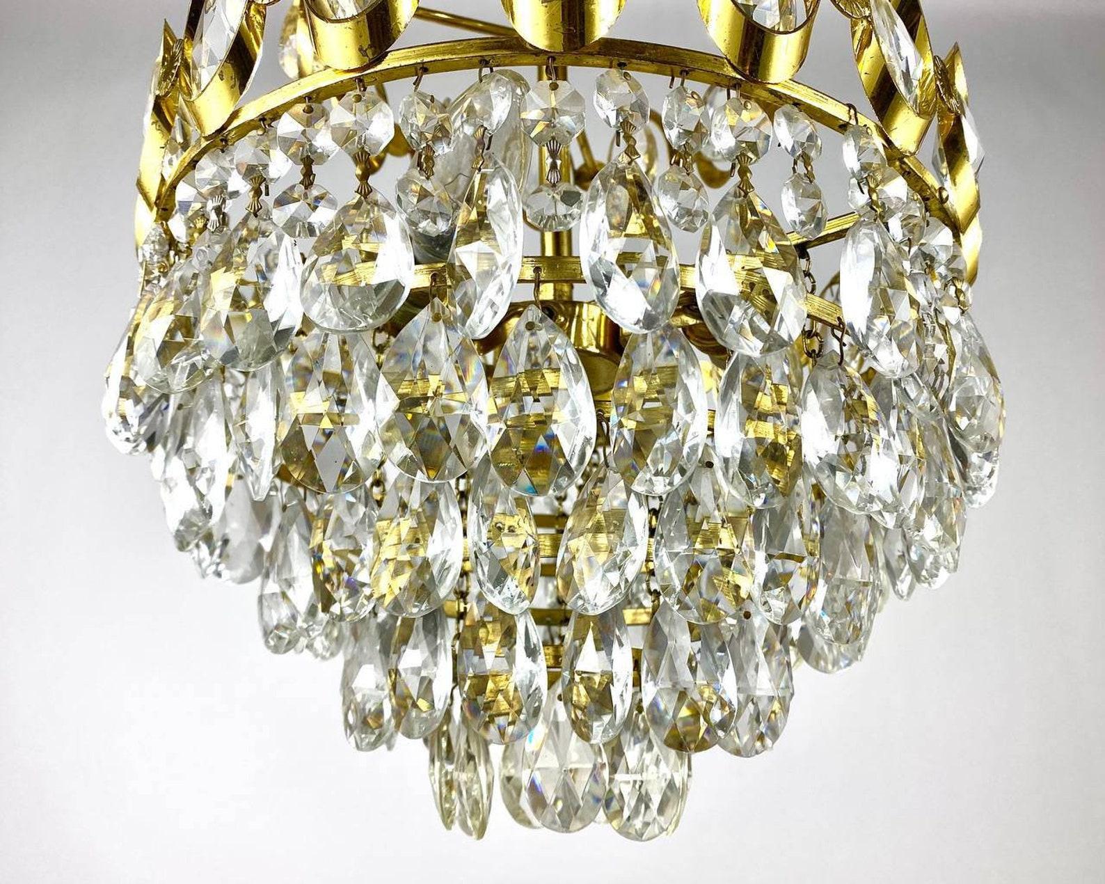 20th Century Hollywood Regency Style Cascading Chandelier, Vintage Crystal Lighting For Sale