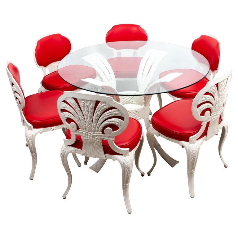 Hollywood Regency Style Cast Aluminum Table with Six Chairs For Sale at