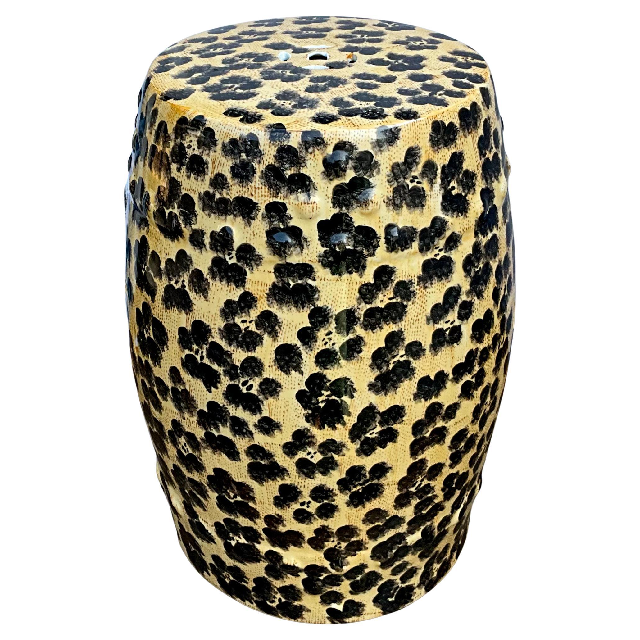 Hollywood Regency Style Ceramic Leopard Garden Stool / Side Table