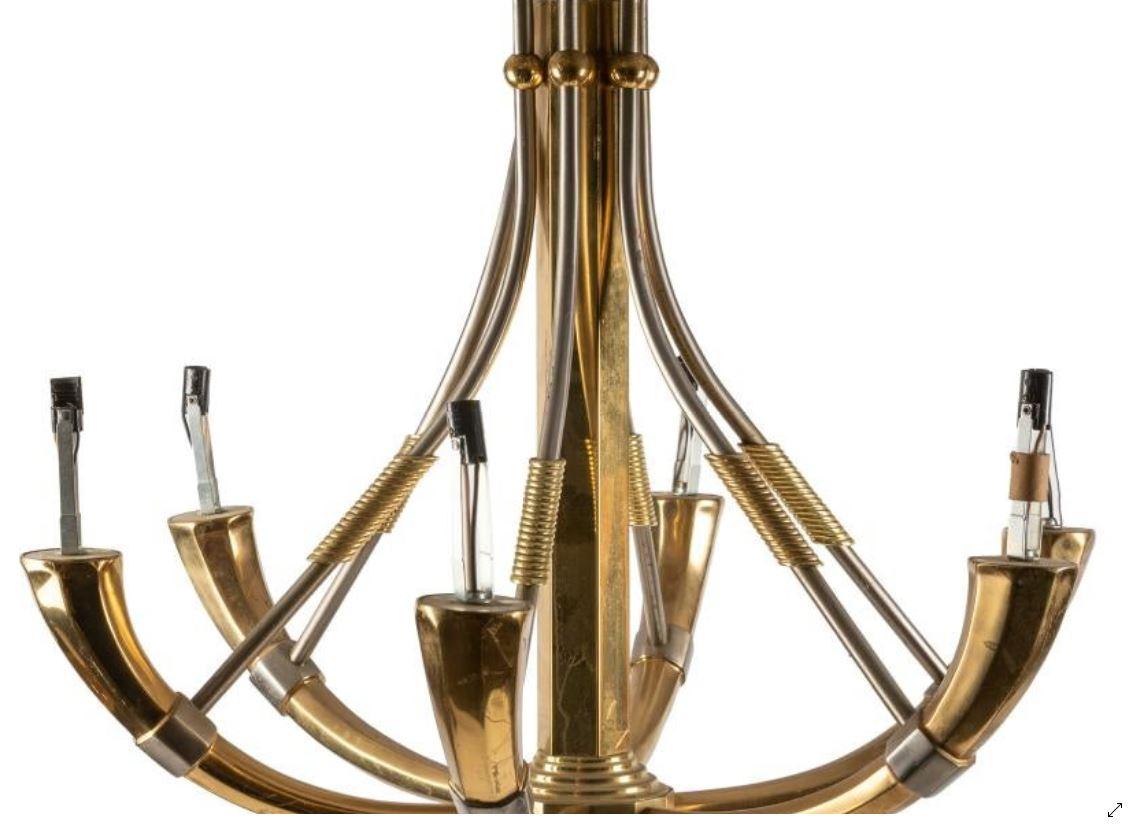 Unknown Hollywood Regency Style Chandelier of Steel and Brass For Sale