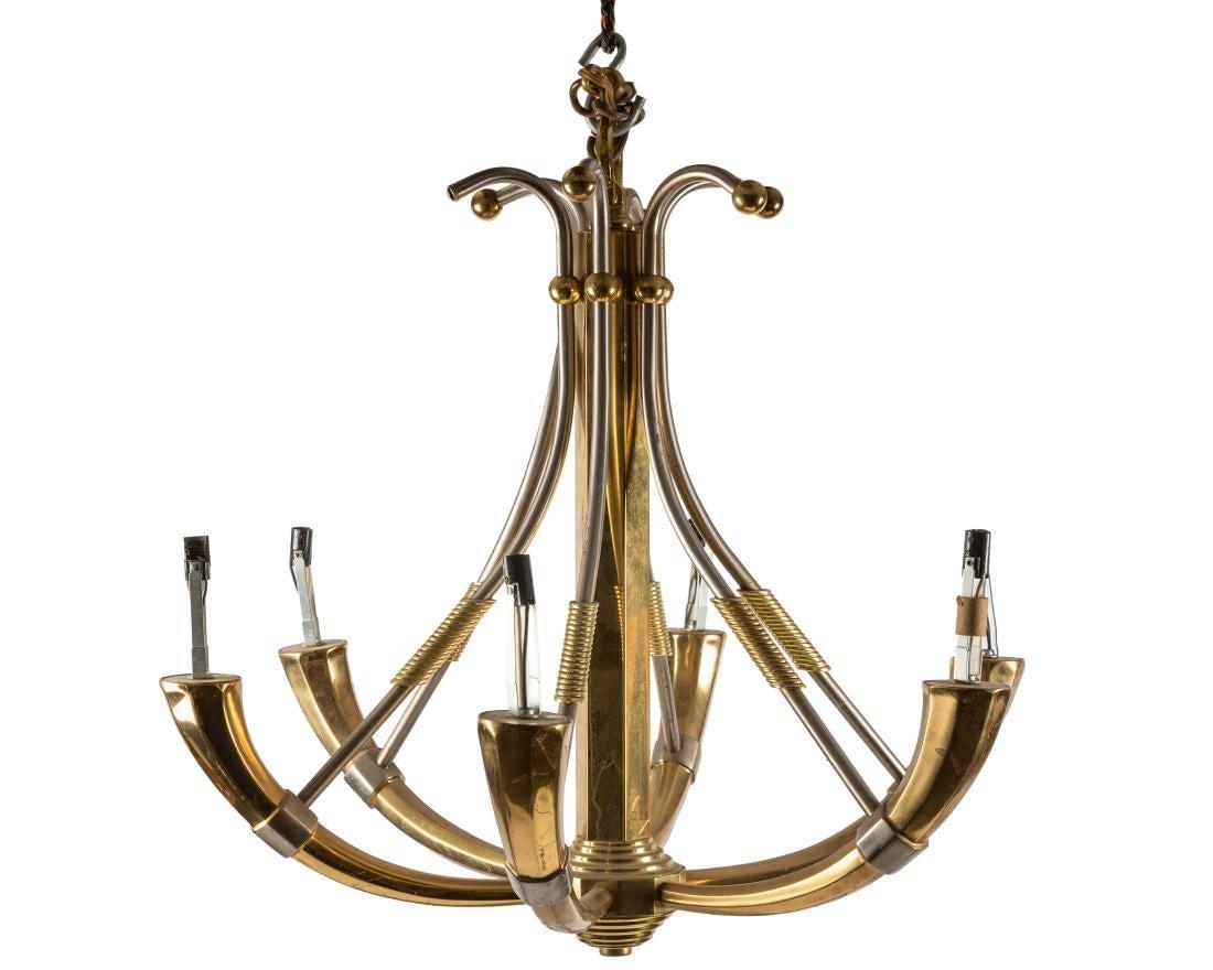 Hollywood Regency Style Chandelier of Steel and Brass In Good Condition For Sale In Locust Valley, NY