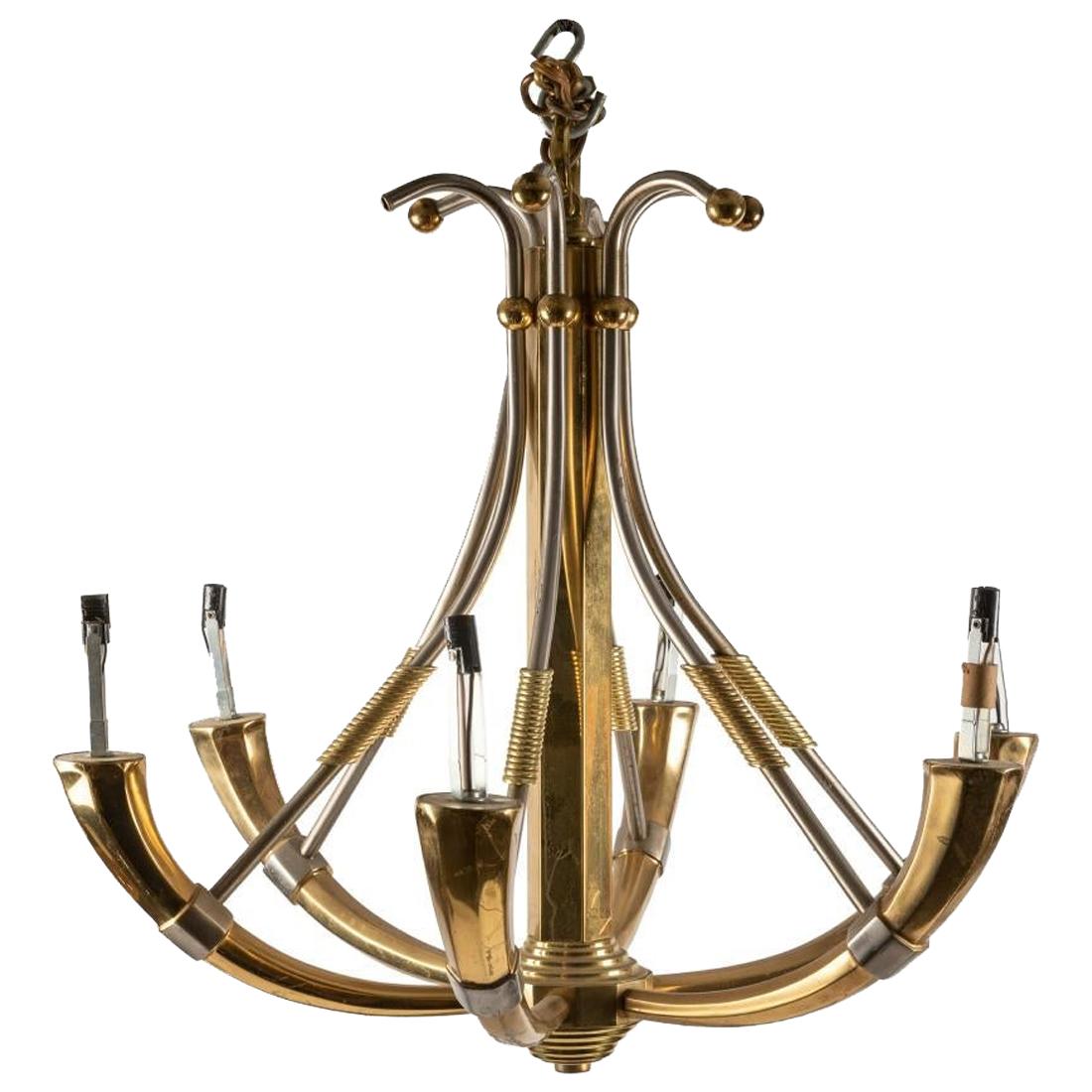 Hollywood Regency Style Chandelier of Steel and Brass For Sale