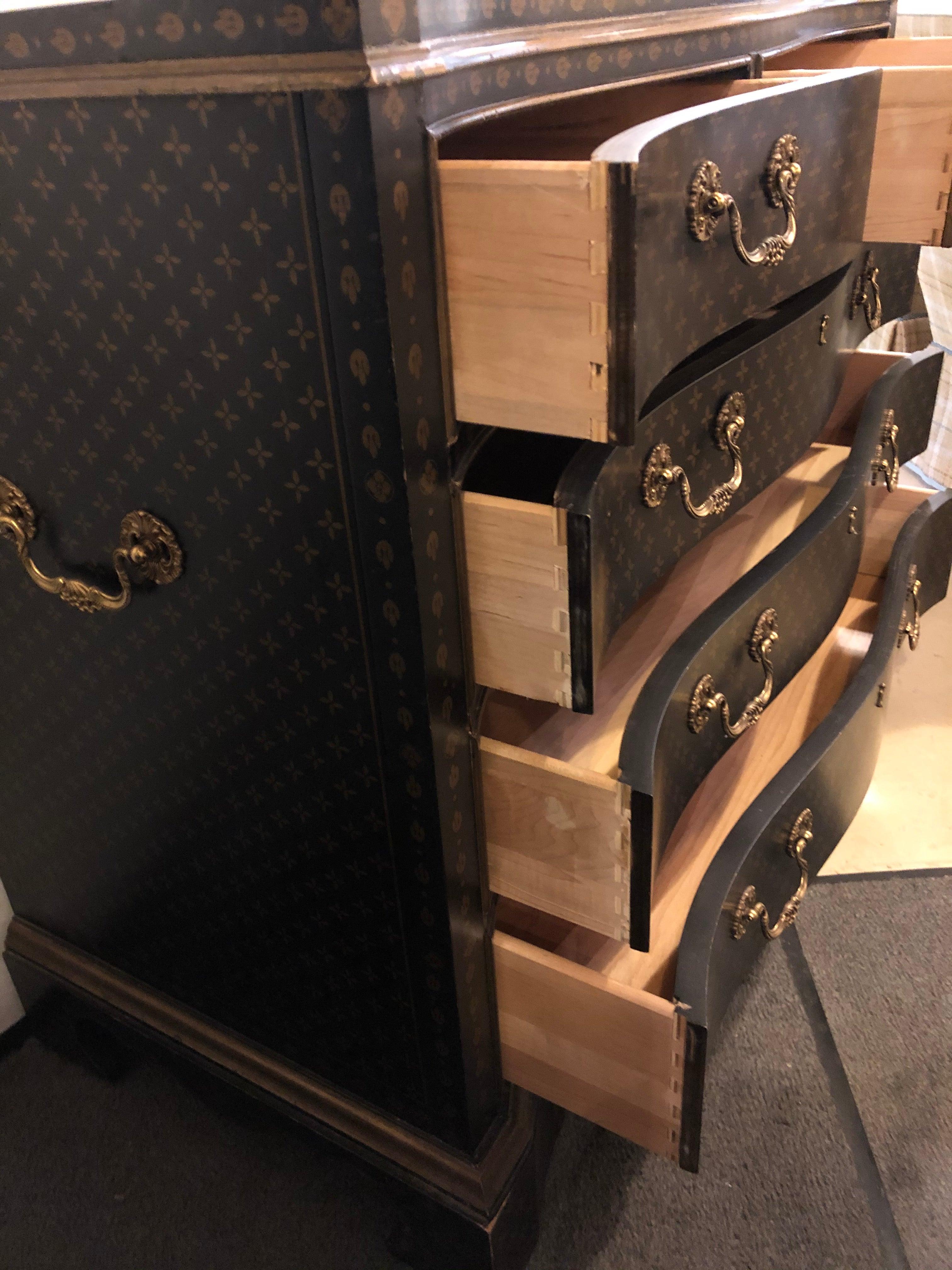 Hollywood Regency Style Chest / Commode Nightstand, Painted Louis Vuitton Style 9