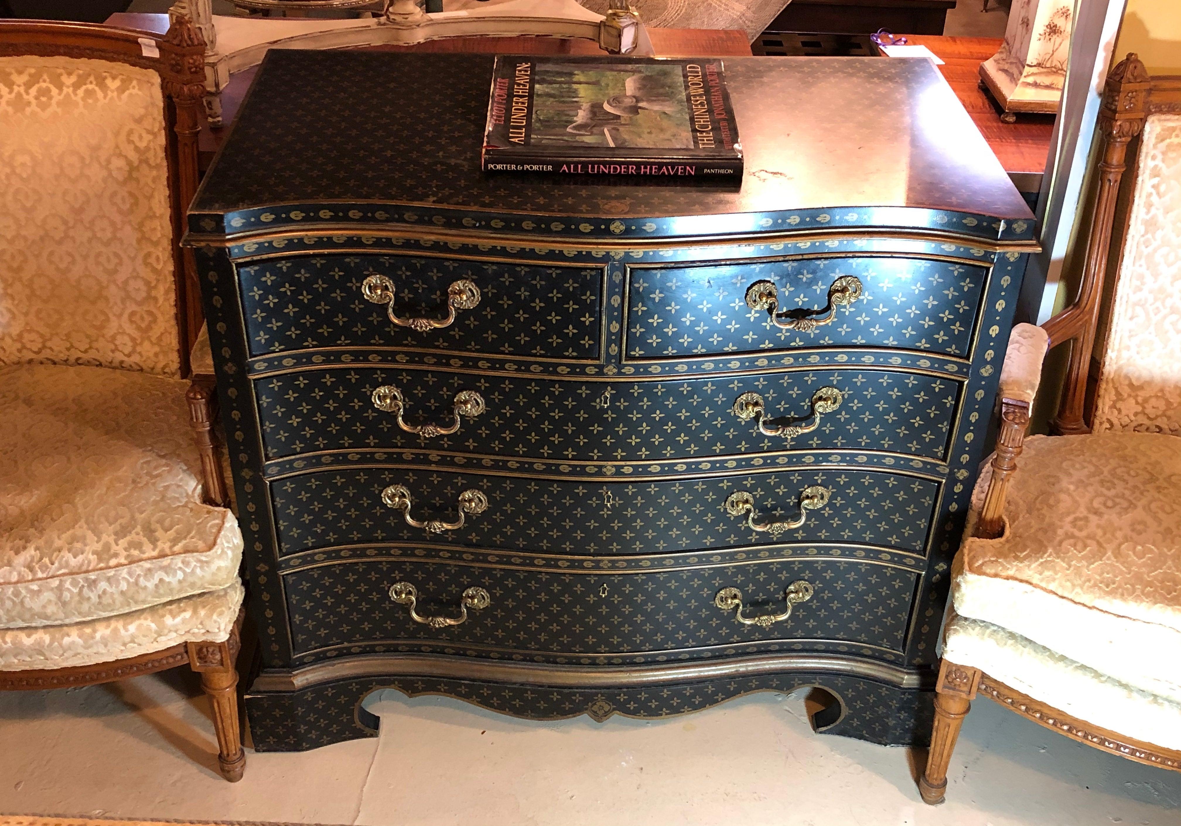 Hollywood Regency Style Chest / Commode Nightstand, Painted Louis Vuitton Style 11