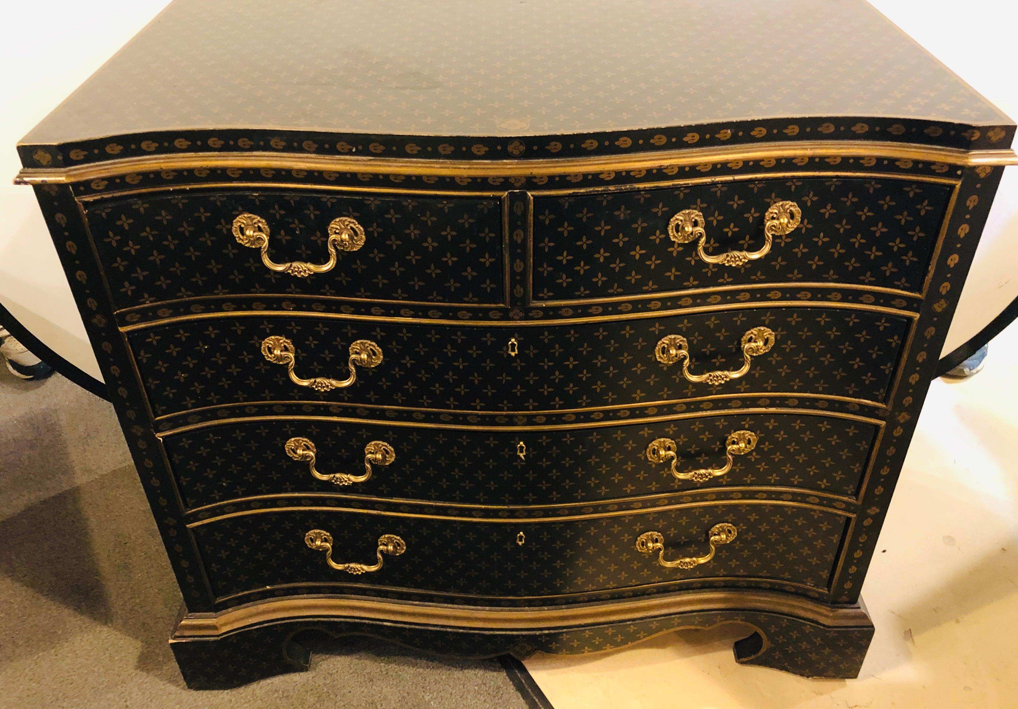 Hollywood Regency style chest / commode nightstand. Painted in the Louis Vuitton Style or Fashion. This fine two over three-drawer chest has solid bronze pulls with absolutely no attention to detail left undone. The style copied from designer Louis