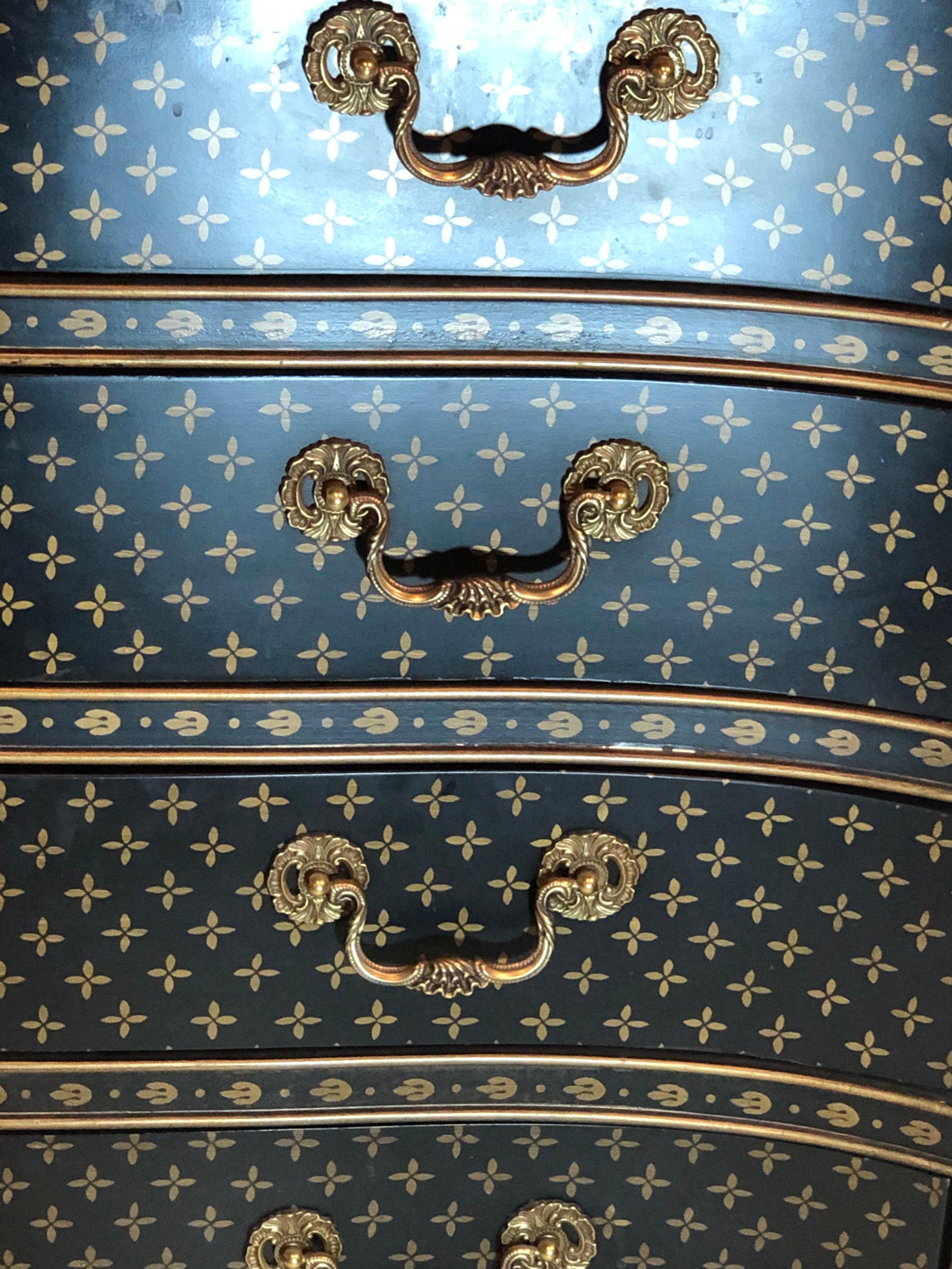 Hollywood Regency Style Chest / Commode Nightstand, Painted Louis Vuitton Style 4
