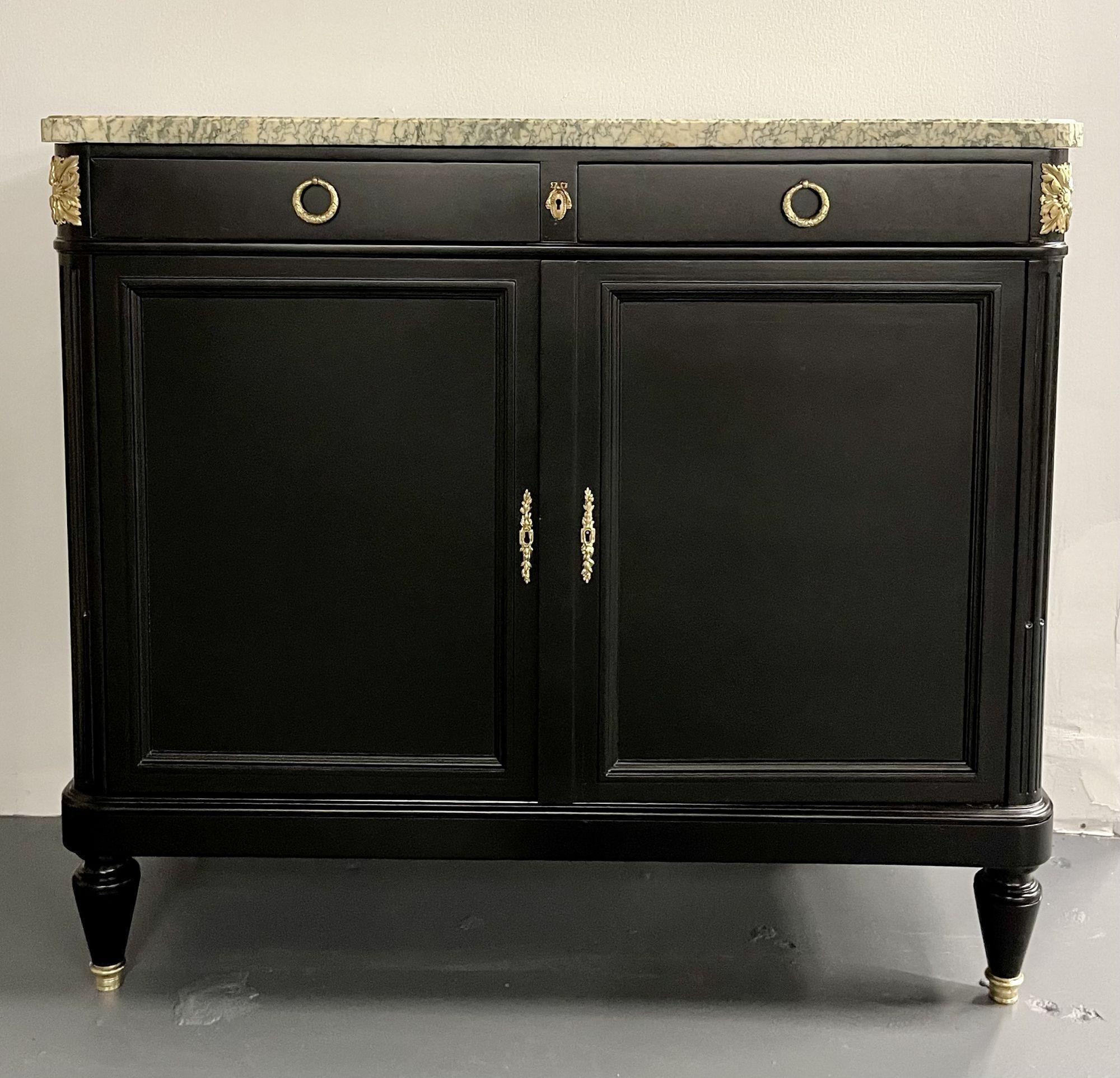 Hollywood Regency Style Commode, Chest, or High Board, Louis XVI, Bronze, French. 19th Century
Louis XVI commode fully refinished in a premium black satin finished with newly cleaned original exceptionally well cast Bronze mounts. This stunning