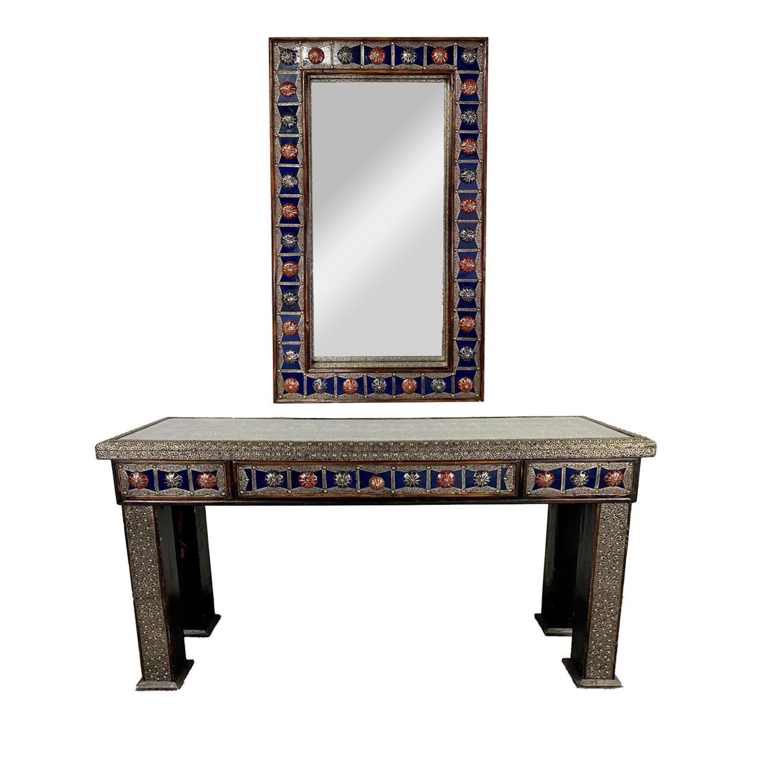 Hollywood Regency Style Blue & Silver Console With Mirror in Filligree Design 
