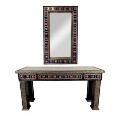Hollywood Regency Style Blue & Silver Console With Mirror in Filligree Design
