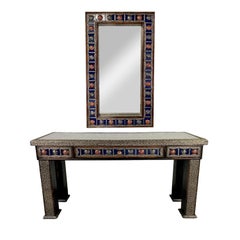 Console de style Hollywood Regency bleue et argentée avec miroir en forme de fil de fer 