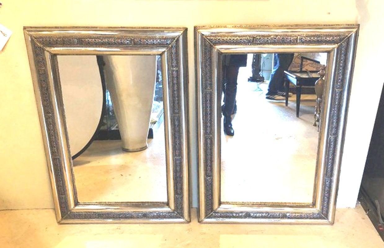 Brutalist Style Silver with Brass & Stones Inlay Console or Wall Mirror,  a Pair Bon état - En vente à Plainview, NY