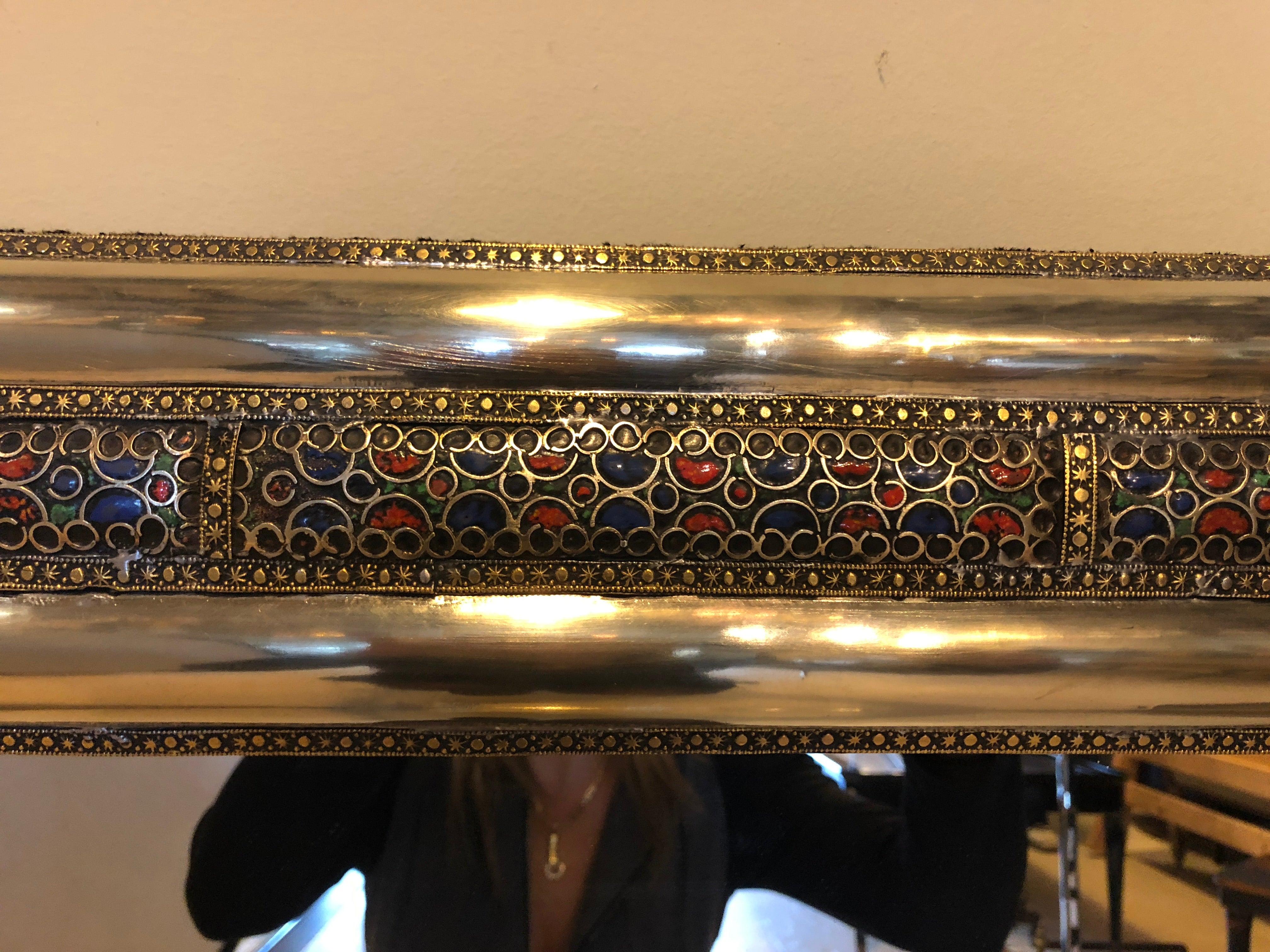 Silver Hollywood Regency Style Console or Wall Mirror Brass with Stones Inlay, a Pair For Sale