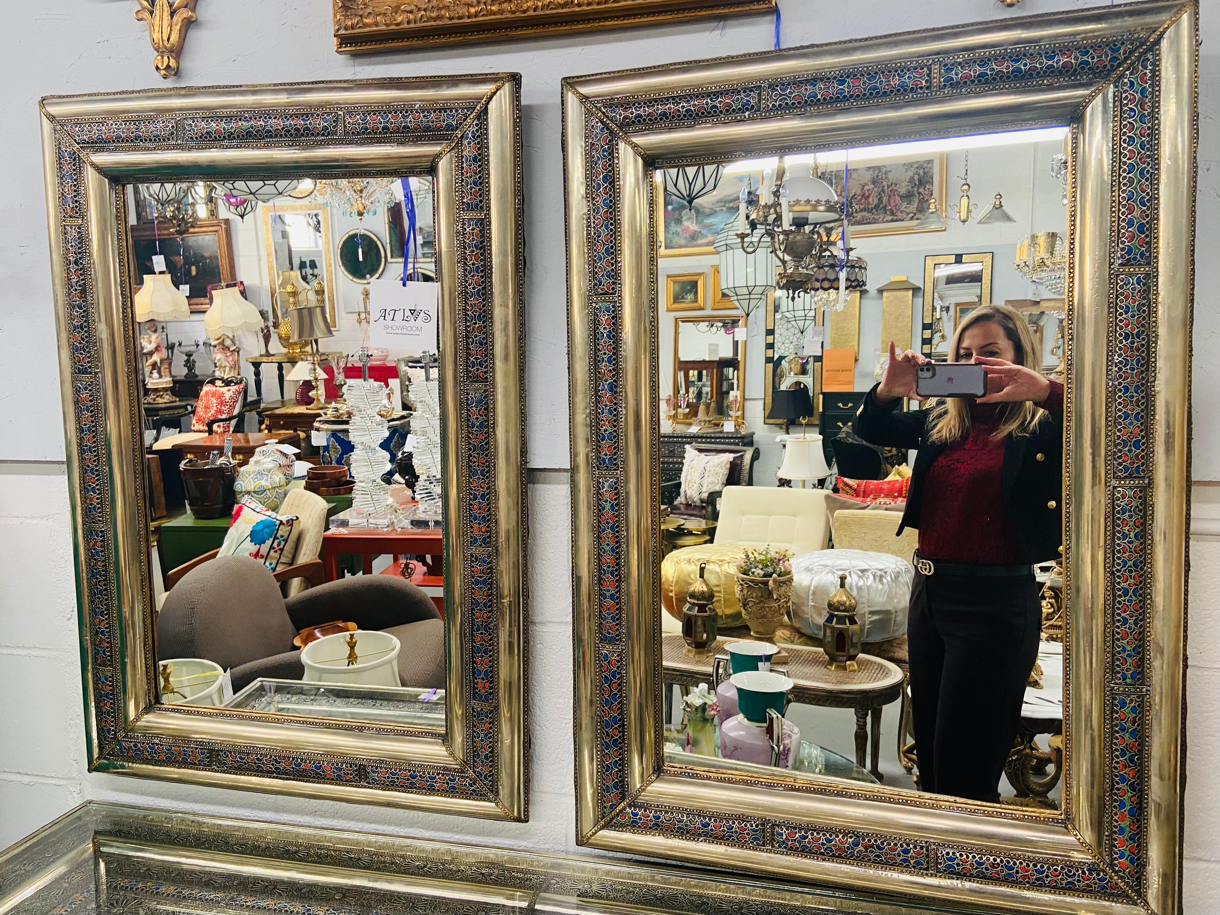 Hollywood Regency Style Console or Wall Mirror Brass with Stones Inlay, a Pair In Good Condition For Sale In Plainview, NY