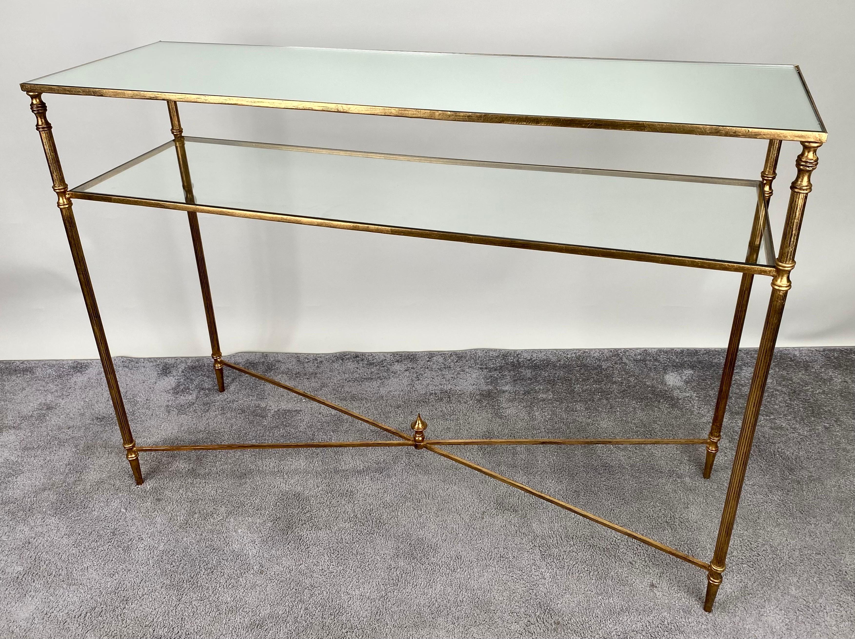Hollywood Regency Style Console with Mirror Top & Antiqued Gold Iron Frame  For Sale 5